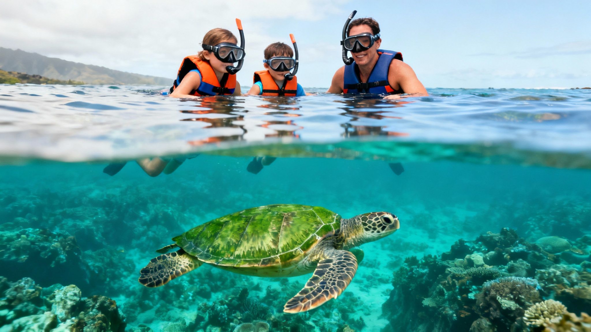 Family snorkeling with a green sea turtle over a vibrant coral reef in clear blue ocean.