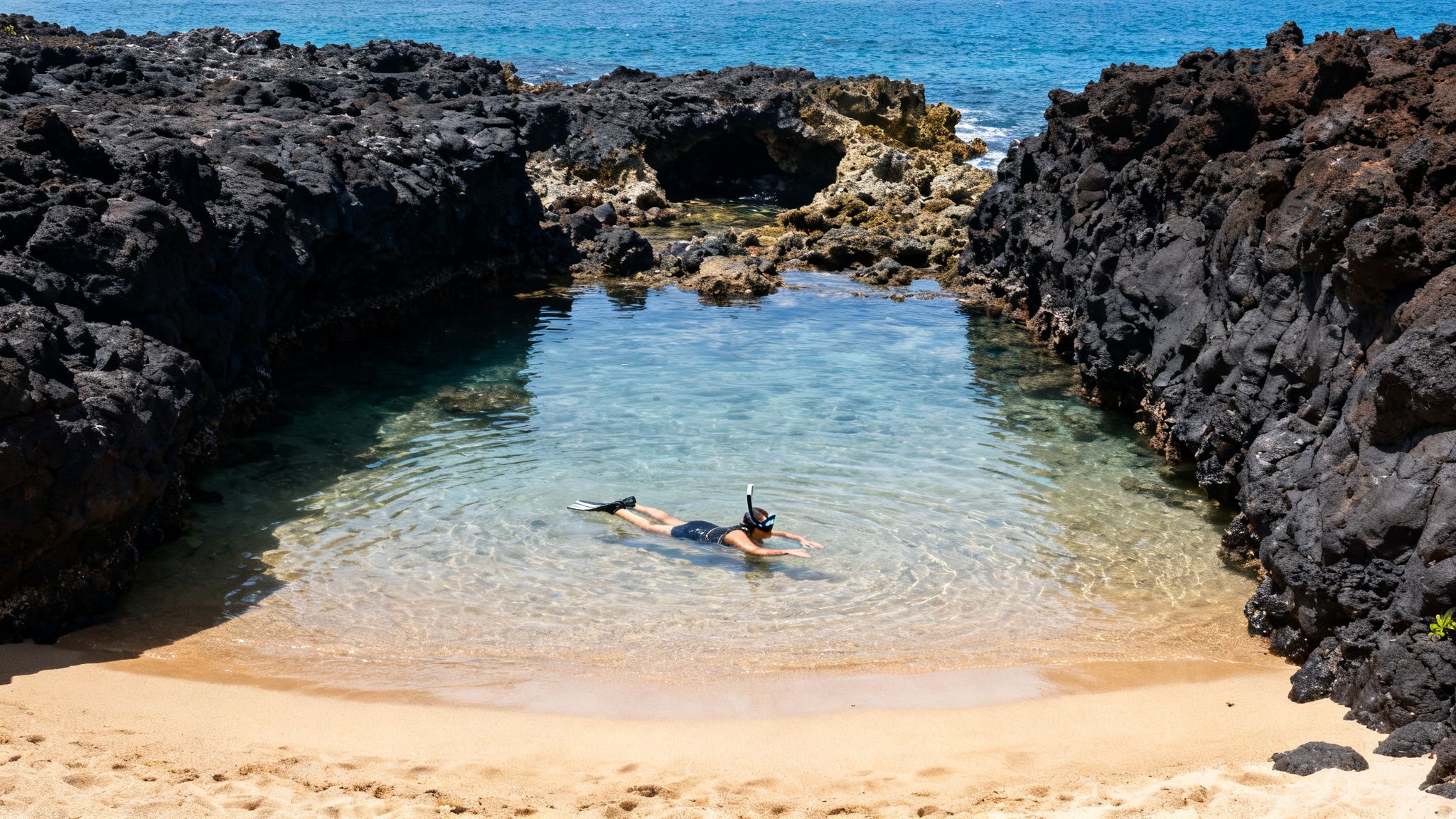 A person snorkeling in a clear natural pool surrounded by black volcanic rocks on a sunny day.