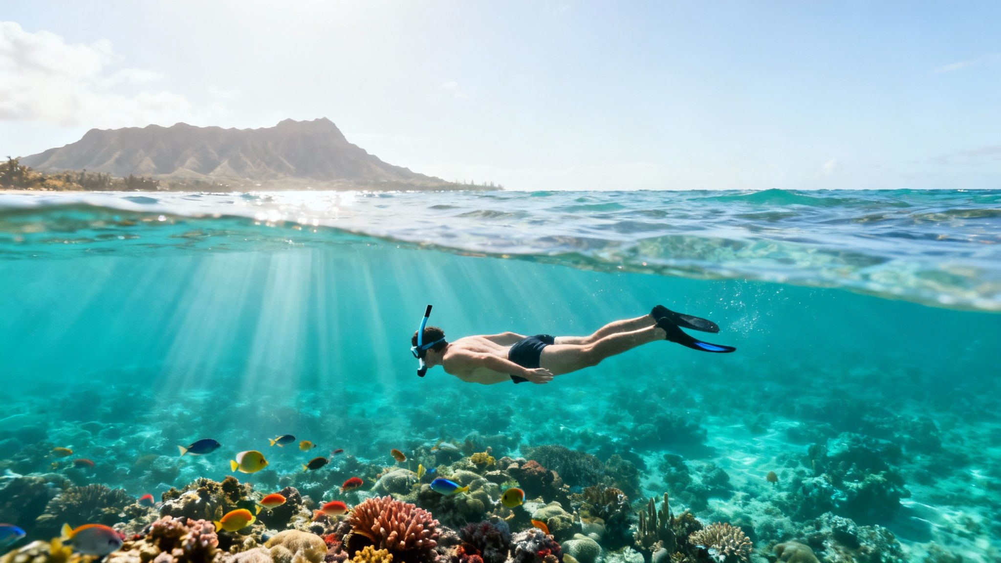 Man snorkeling over a vibrant coral reef with colorful fish and a mountain in the background.