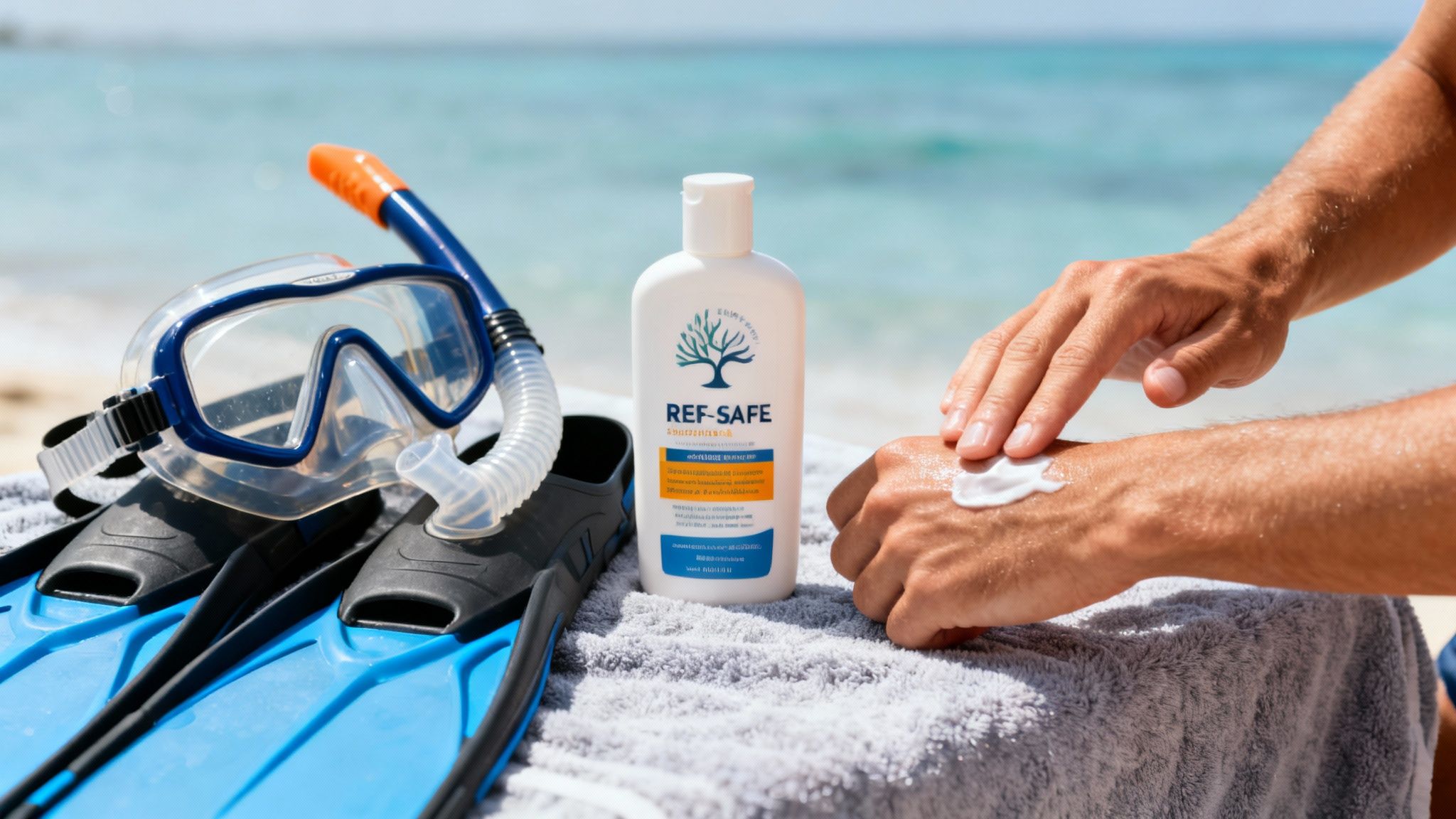 A person applying reef-safe sunscreen to their arm on a beach with snorkeling gear.