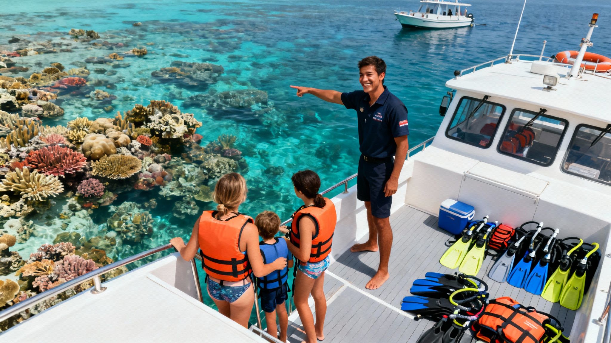 Tour guide pointing out a colorful coral reef to a family wearing life vests on a boat.