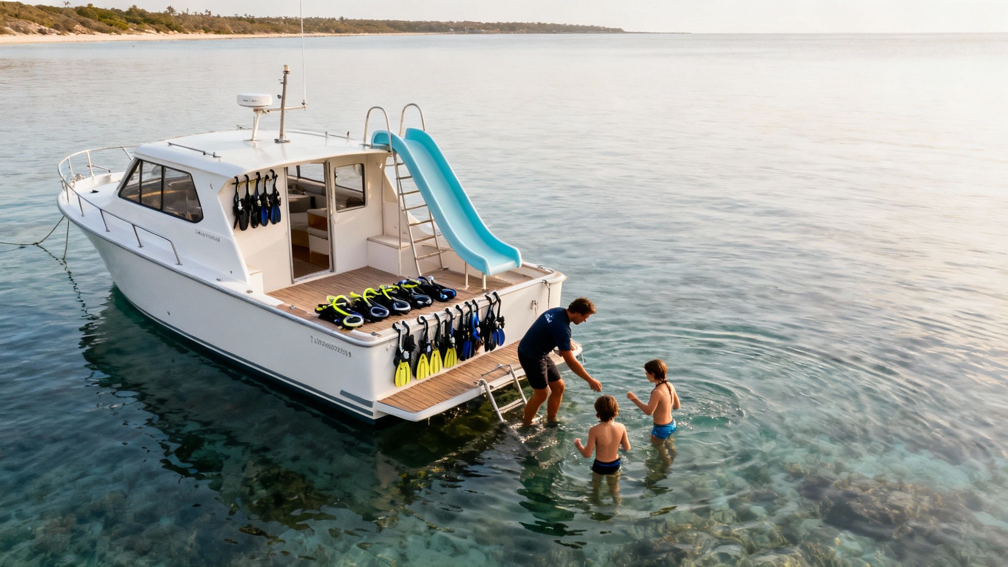 A family enjoys snorkeling from a white boat with a slide in clear tropical waters.
