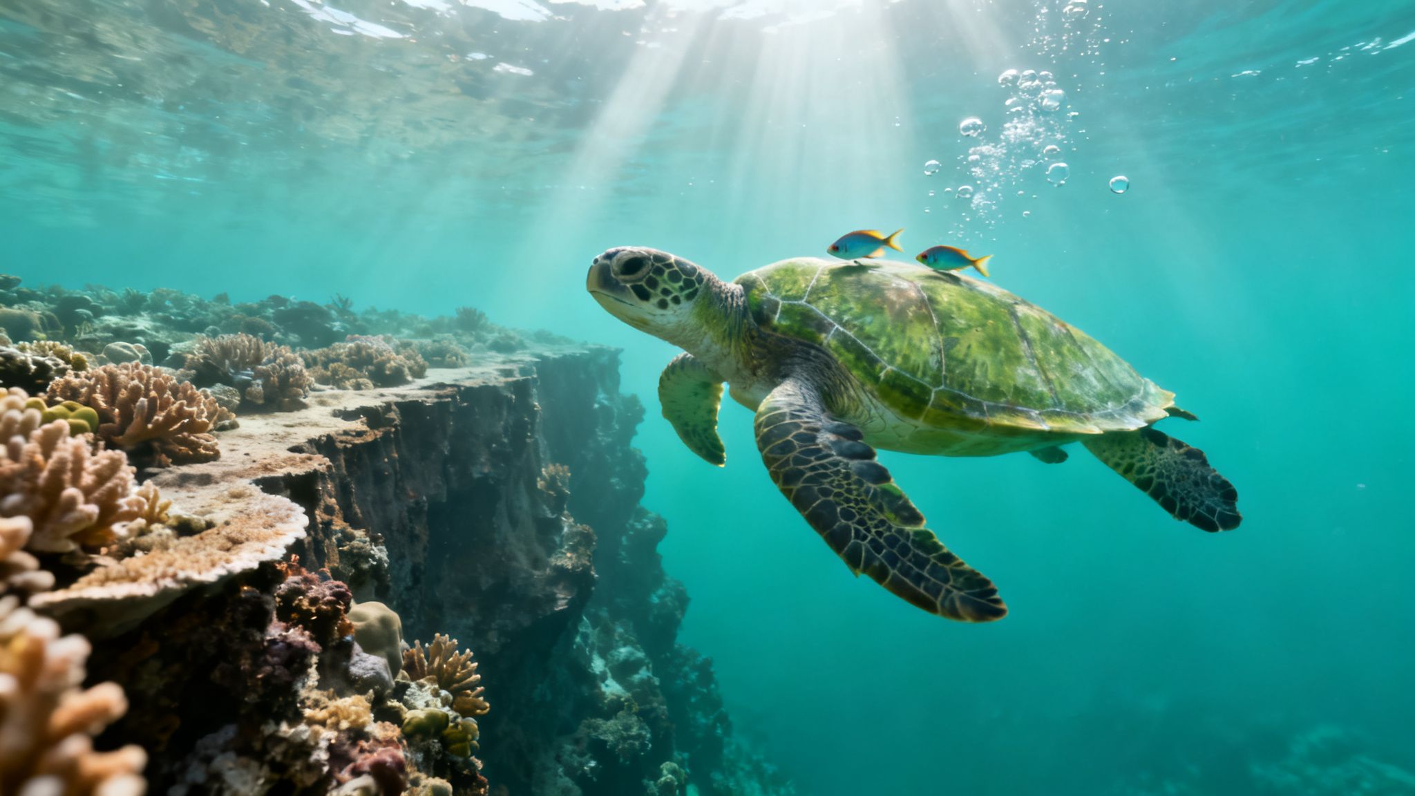 A majestic green sea turtle swims past a vibrant coral reef with two small fish on its shell.