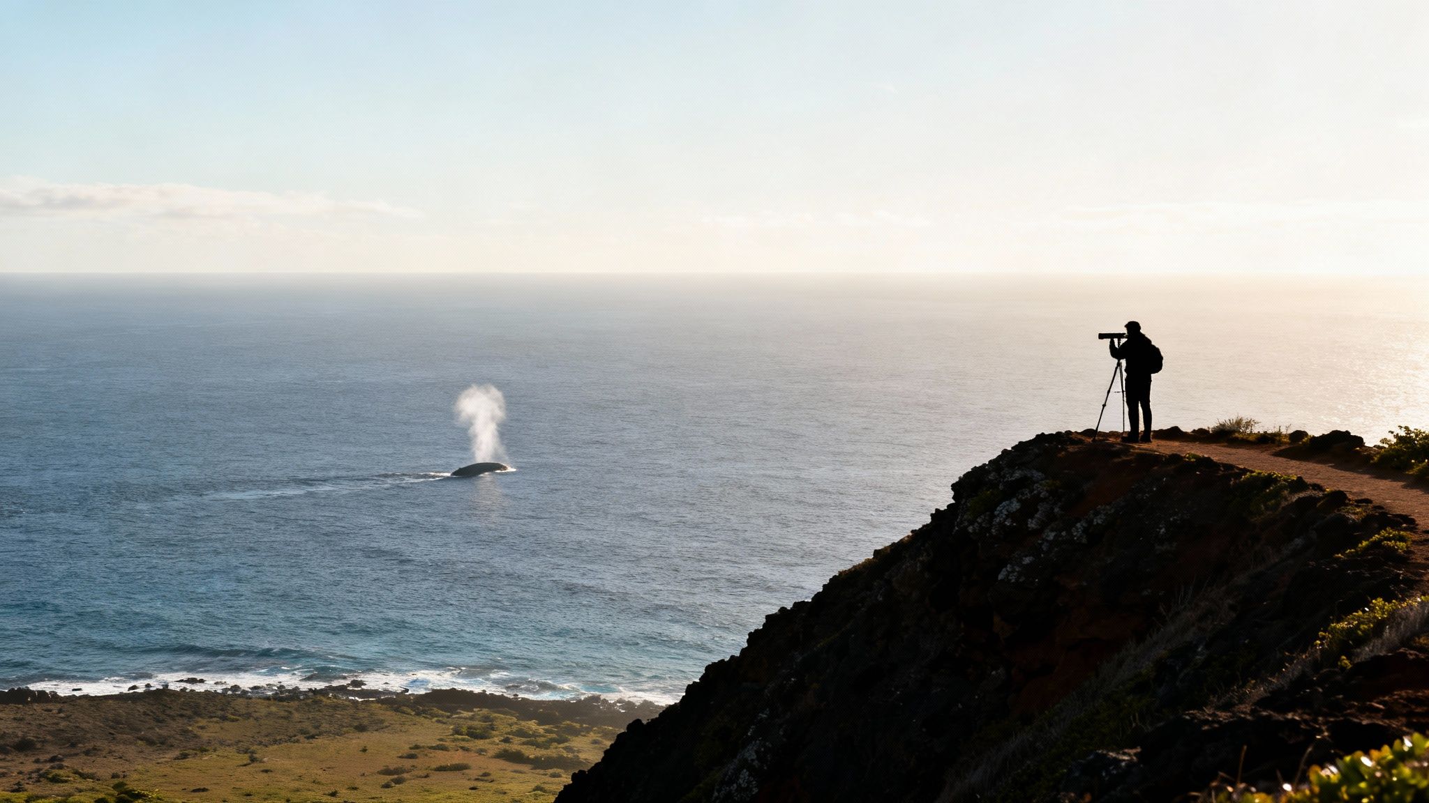 A scenic view from a cliffside on Oahu, overlooking the ocean where whales can be spotted