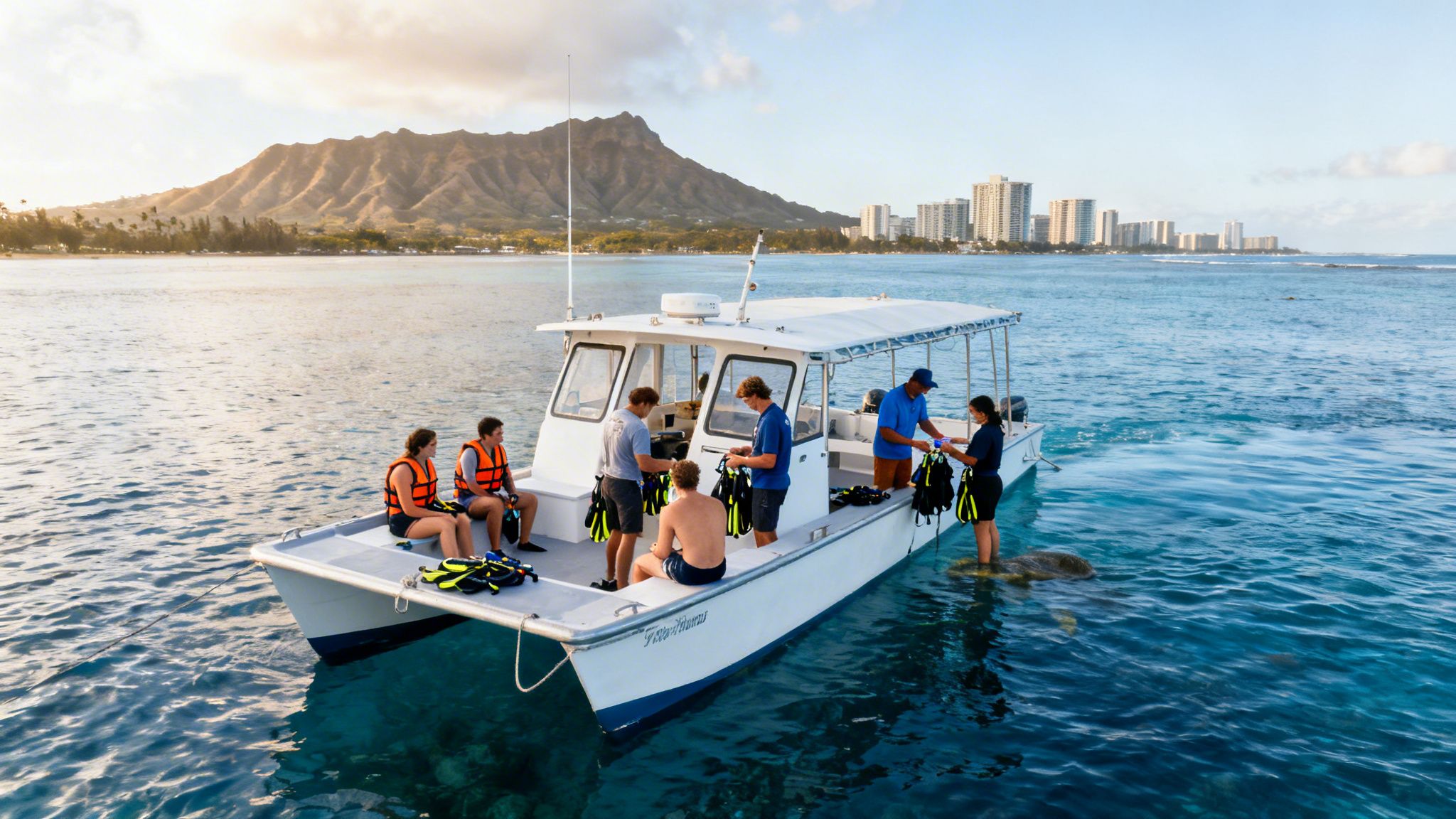 Tourists on a boat at Turtle Canyon, Oahu, preparing to snorkel with a sea turtle.