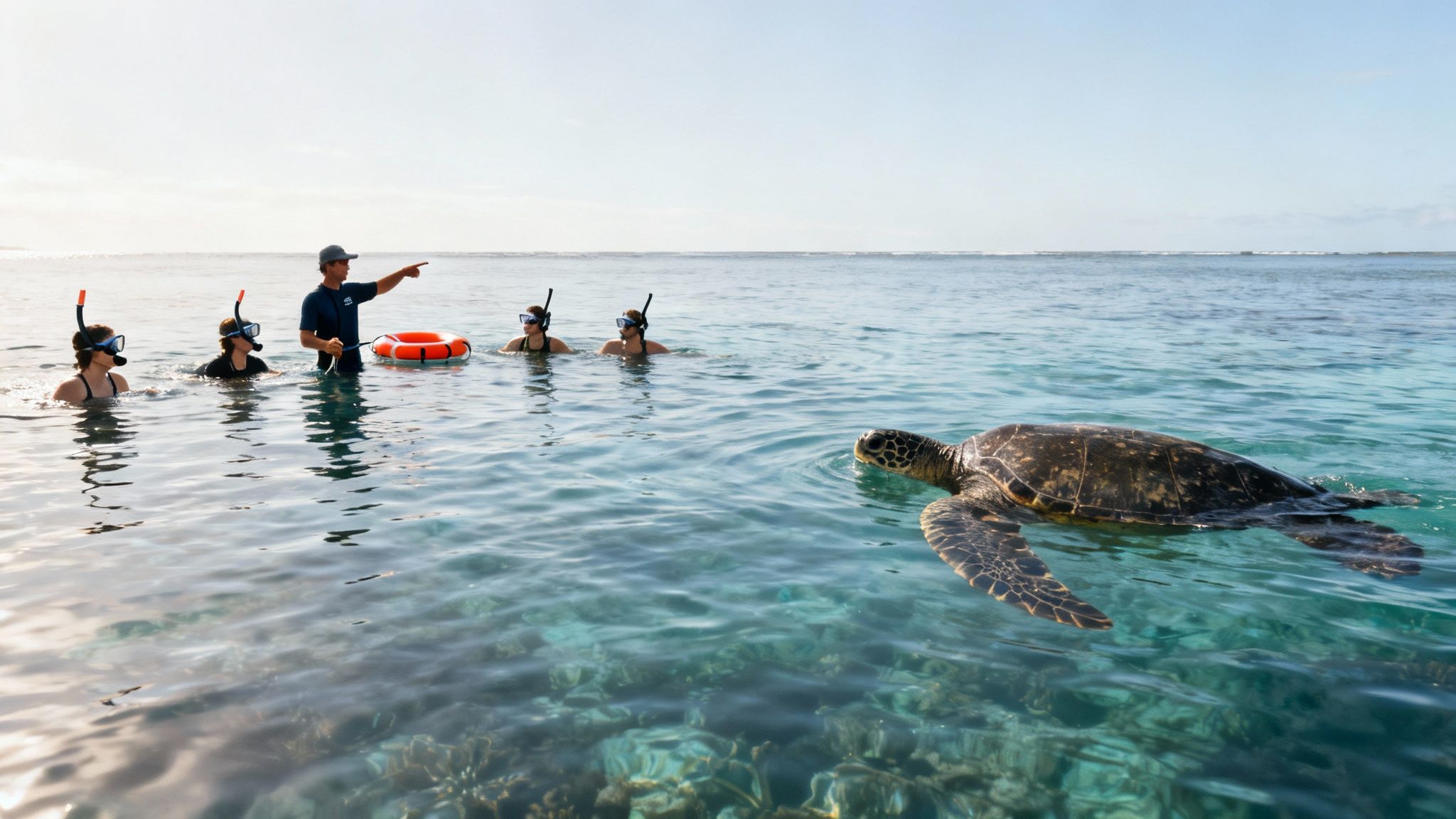 People snorkeling with a sea turtle and an instructor in clear ocean water.