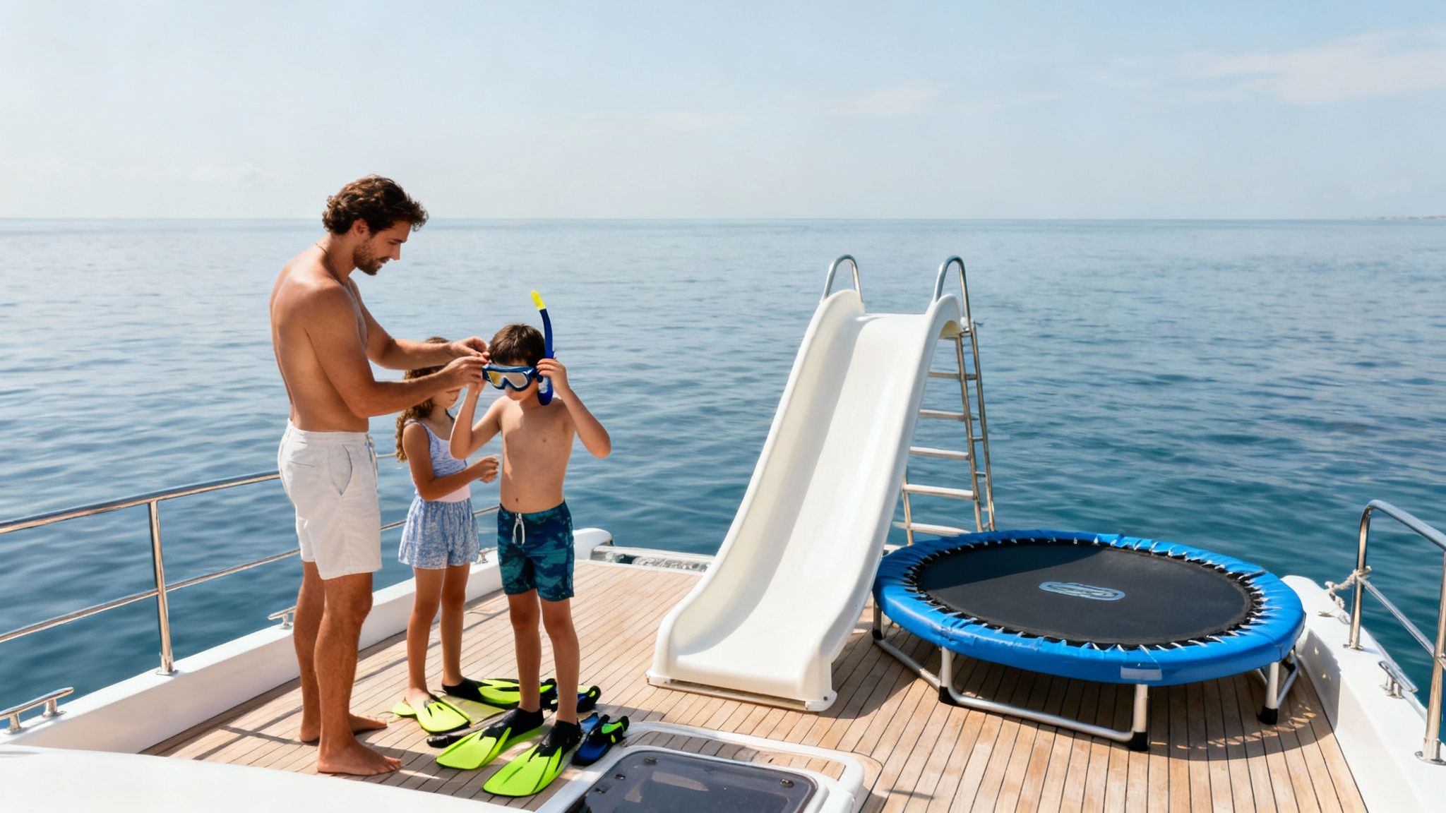 A father helps his son prepare for snorkeling on a boat with a slide and trampoline.