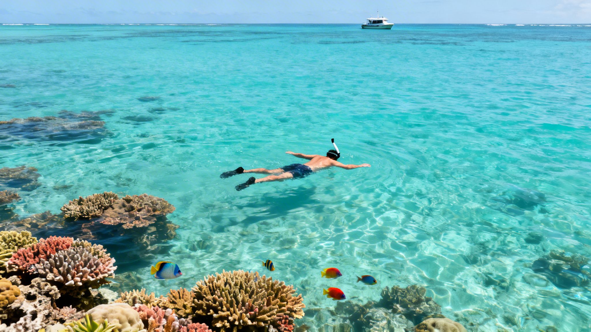 A man snorkeling over colorful coral reefs and tropical fish in clear turquoise water with a boat nearby.