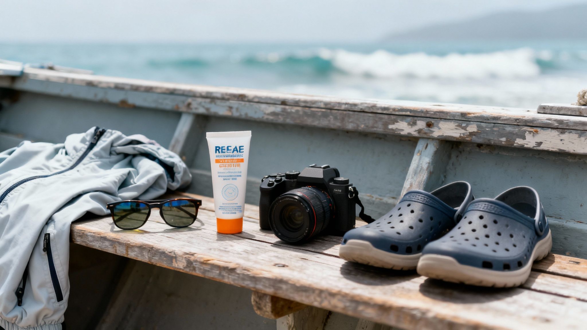 Beach essentials including camera, sunglasses, sunscreen, and water shoes arranged on weathered wooden bench