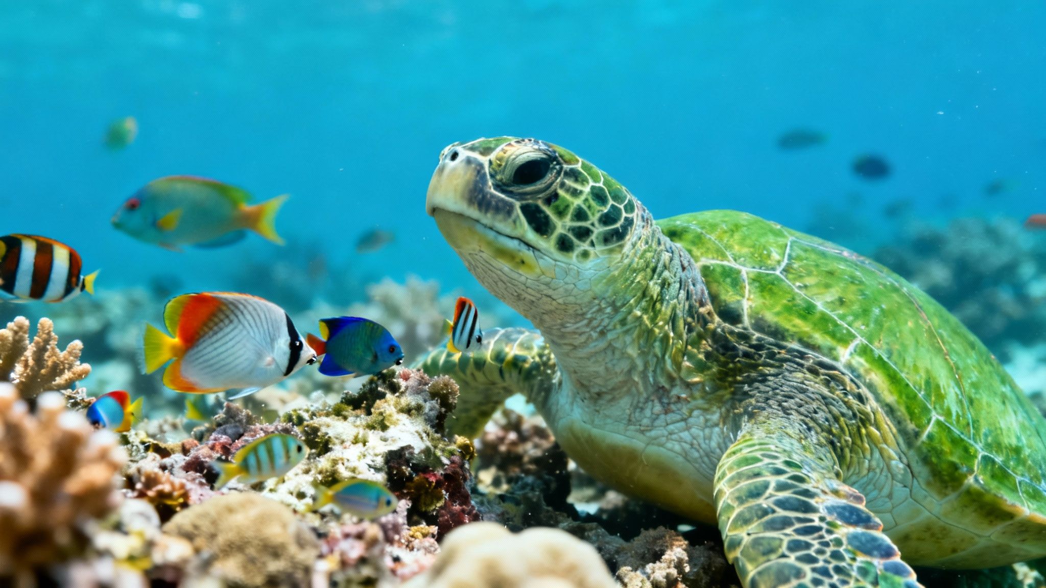 A majestic green sea turtle gracefully swims underwater among vibrant tropical fish and coral.