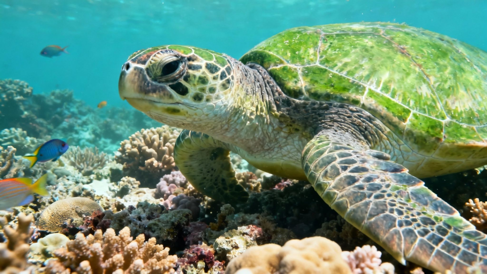 A vibrant green sea turtle swims gracefully over a colorful coral reef with small fish.