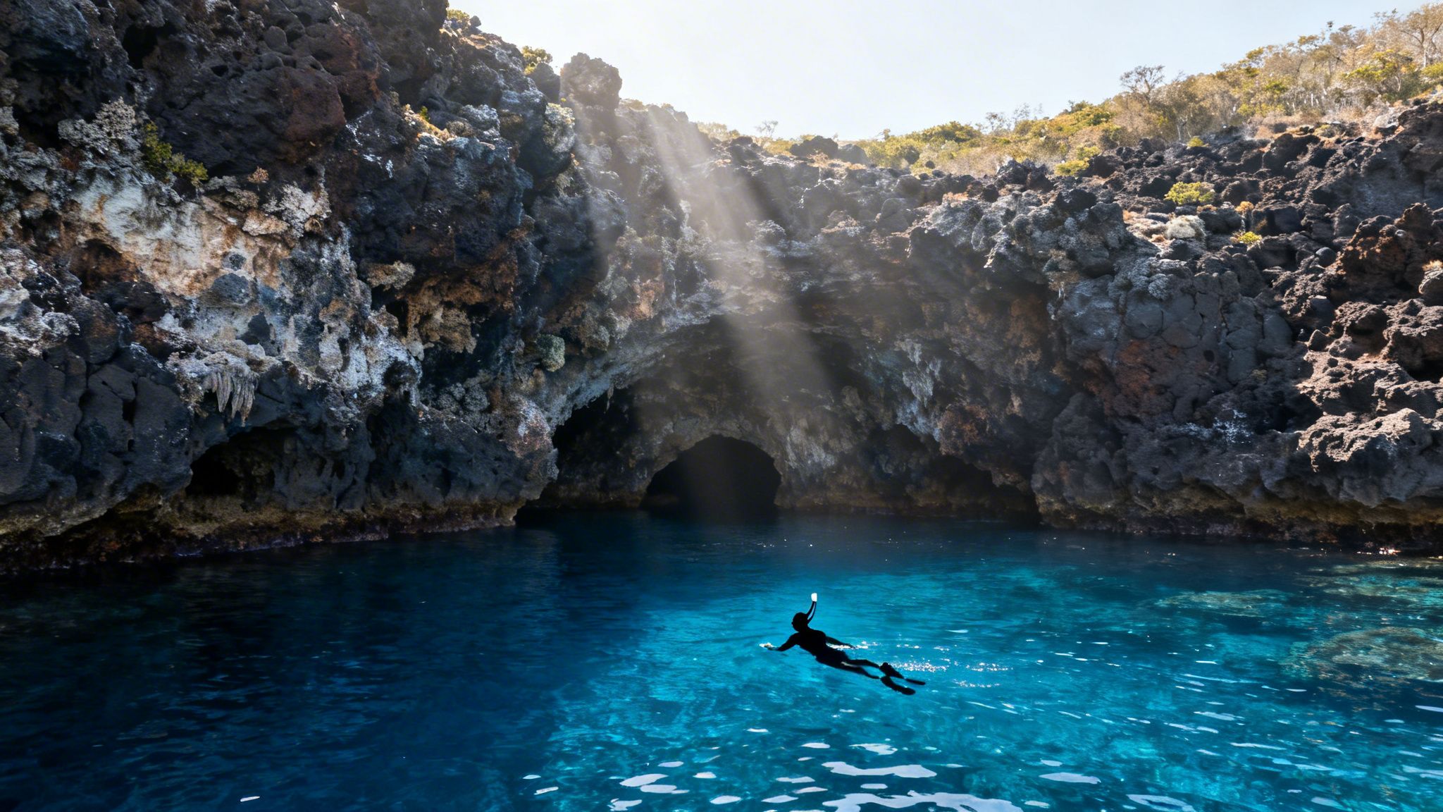 A person snorkeling in a vibrant blue ocean near a dramatic rocky cave with visible sun rays.