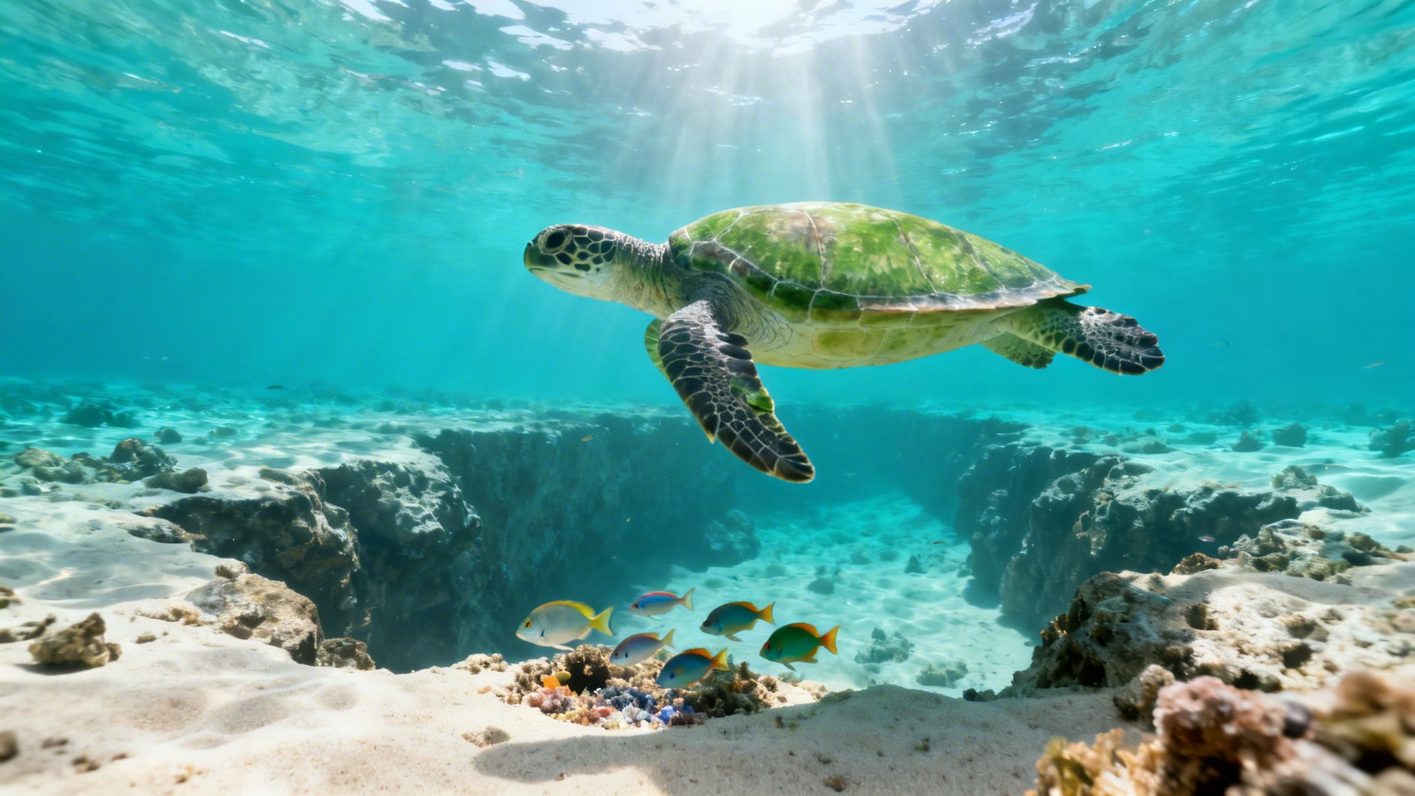 A majestic green sea turtle swims gracefully underwater with sun rays illuminating clear turquoise water and a school of colorful fish below.