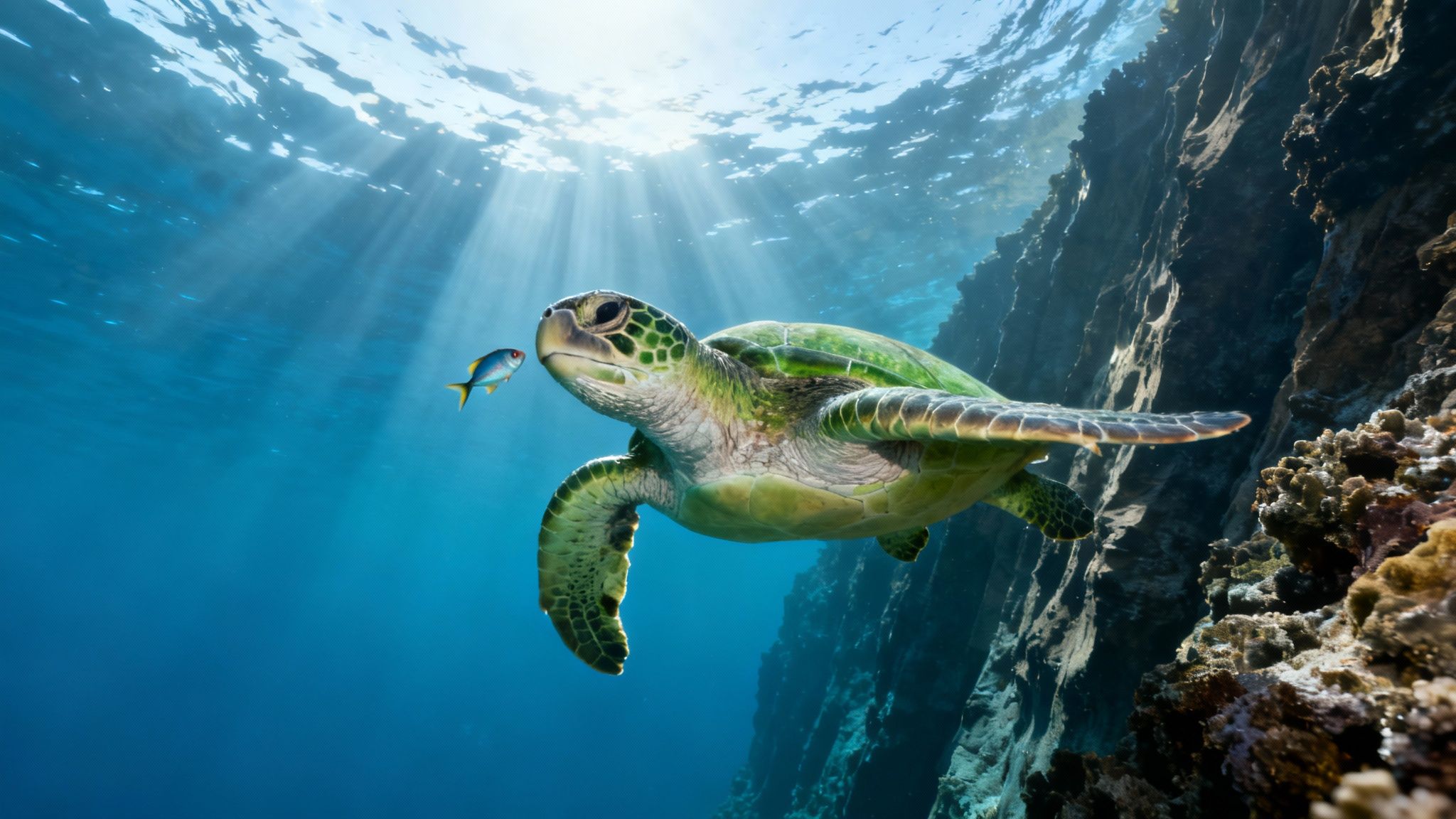 A vibrant green sea turtle swims gracefully underwater with sun rays and a small fish.
