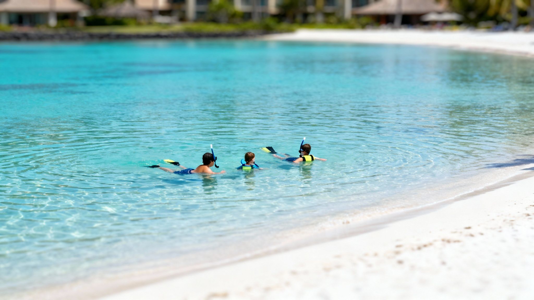 A family of three, including two adults and a child, snorkeling in clear blue ocean water at a tropical beach.
