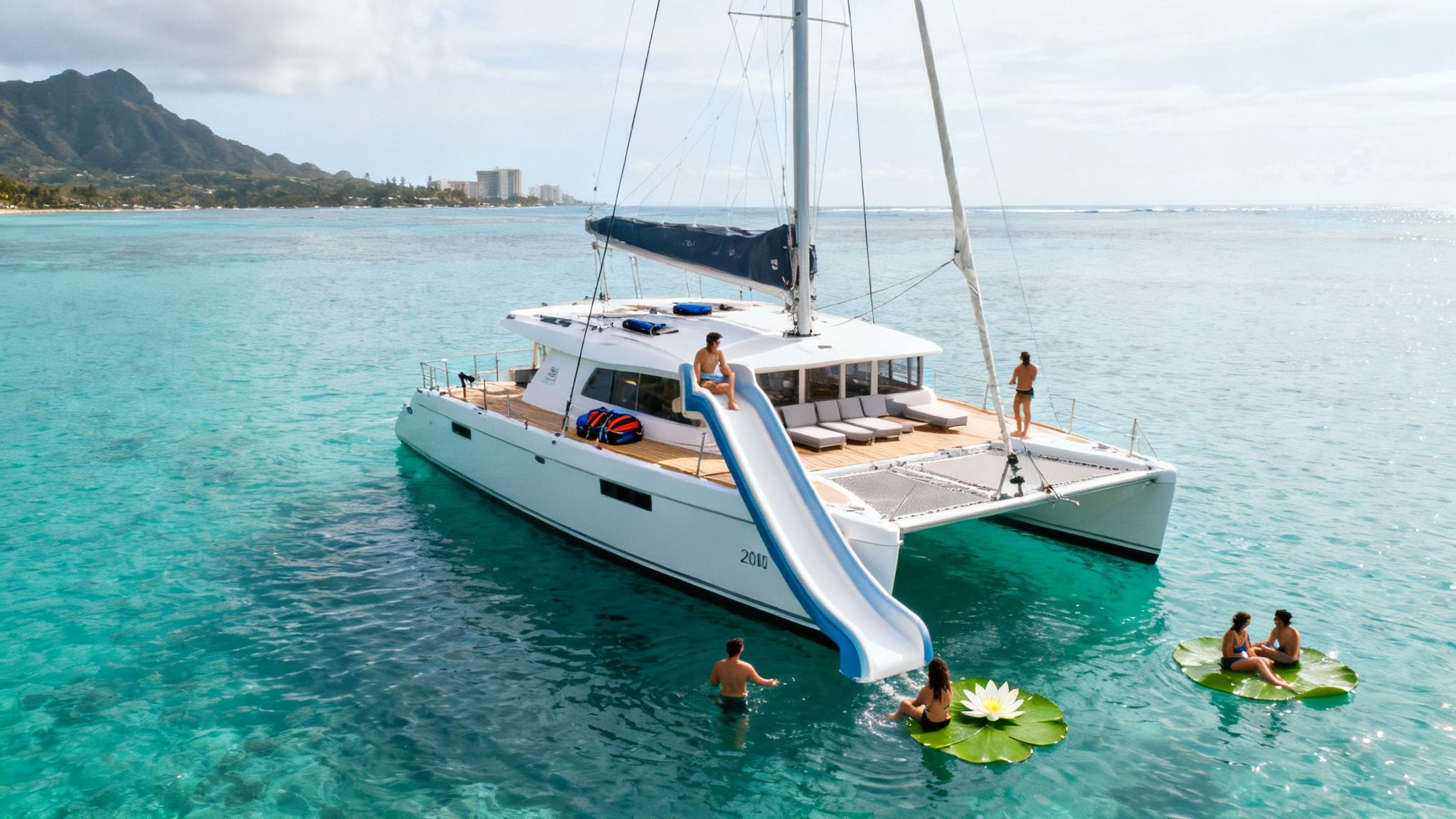 People enjoying a catamaran with a slide and lily pad floats in tropical waters near a scenic island.
