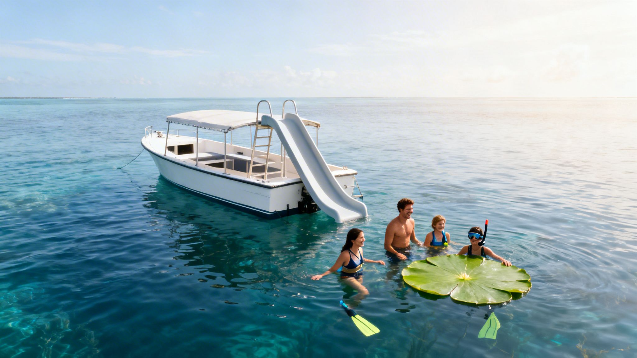 Happy family snorkeling and swimming in clear tropical waters next to a boat with a fun slide.