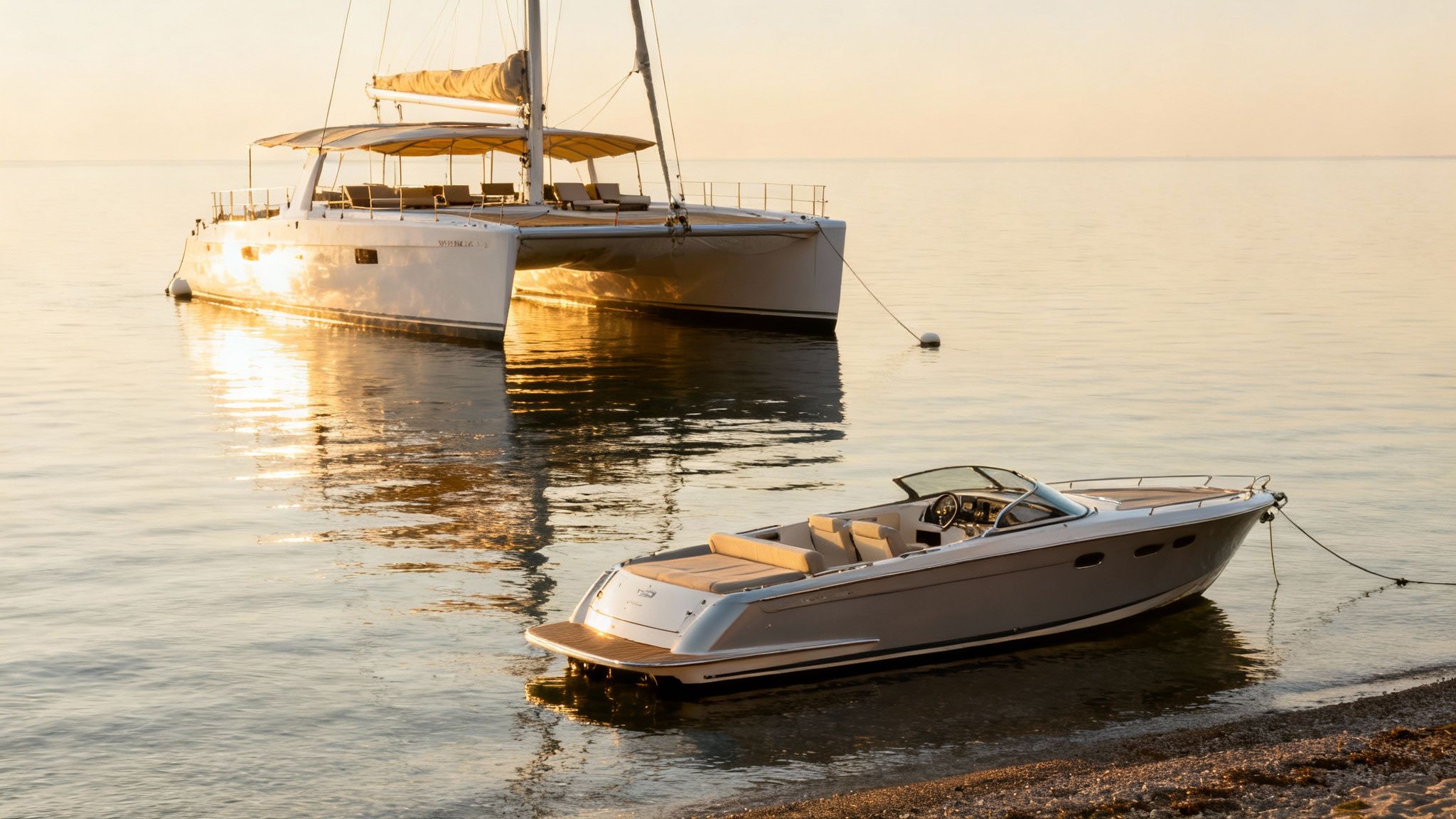 Two boats, a large white catamaran and a smaller grey powerboat, anchored at golden hour on a serene sea.