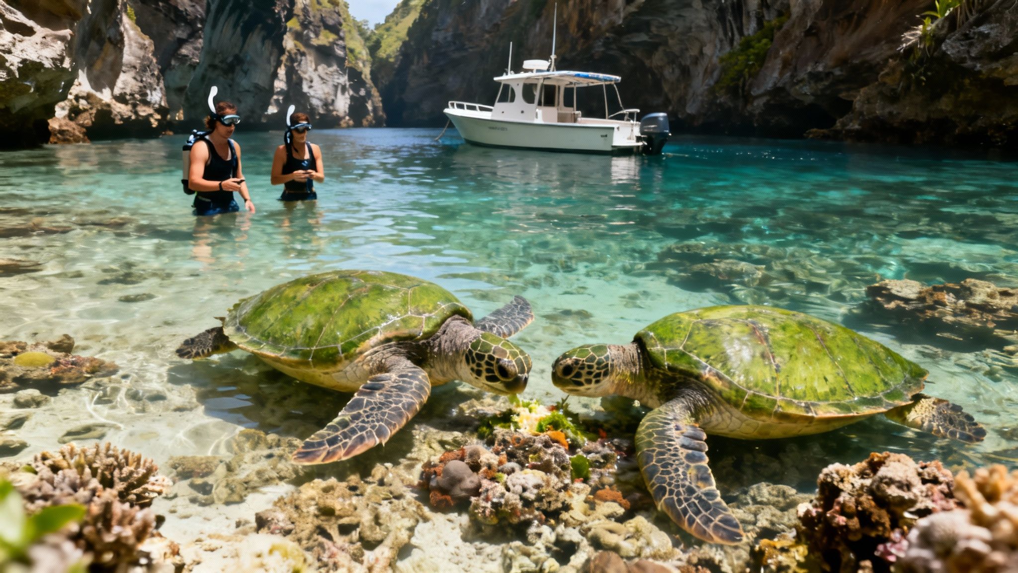 Two snorkelers watch two large green sea turtles in clear tropical water with a boat.