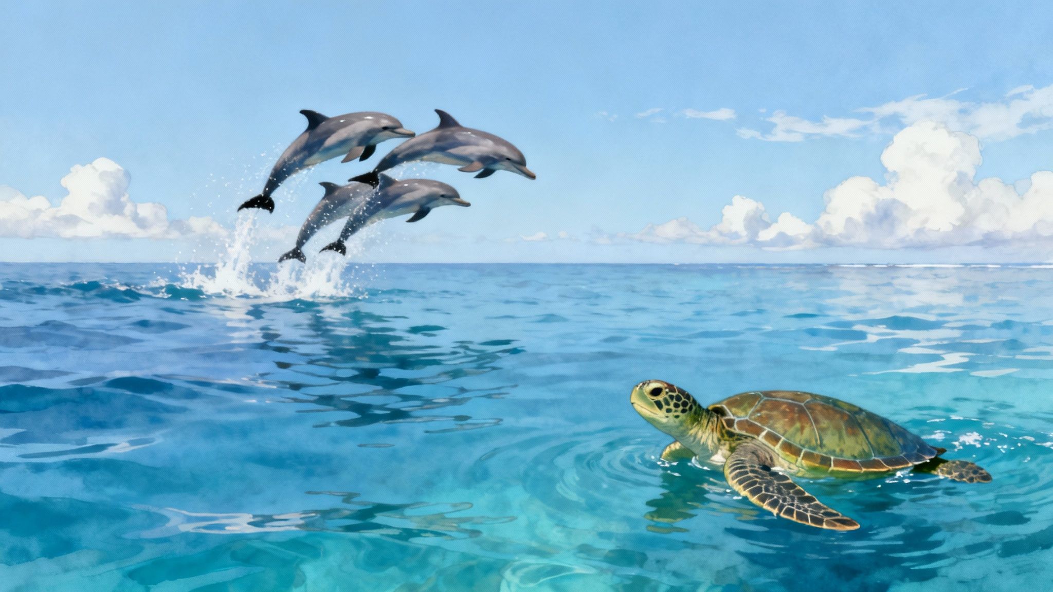 A Hawaiian green sea turtle, or 'honu', swims gracefully in the clear blue water near the surface.