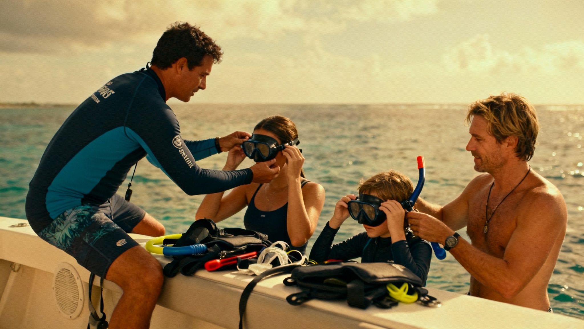 People on a boat are getting ready to snorkel in tropical waters with an instructor.