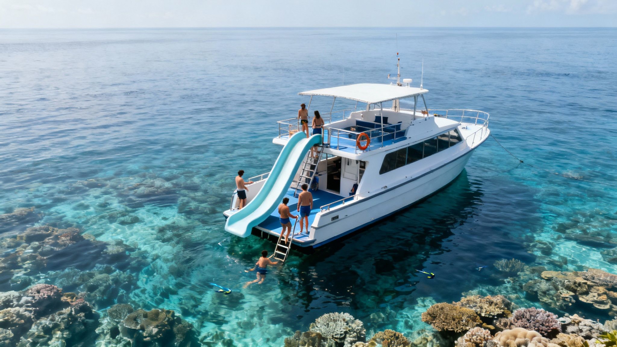 People enjoy a boat with a slide, snorkeling over vibrant coral reefs in clear blue water.