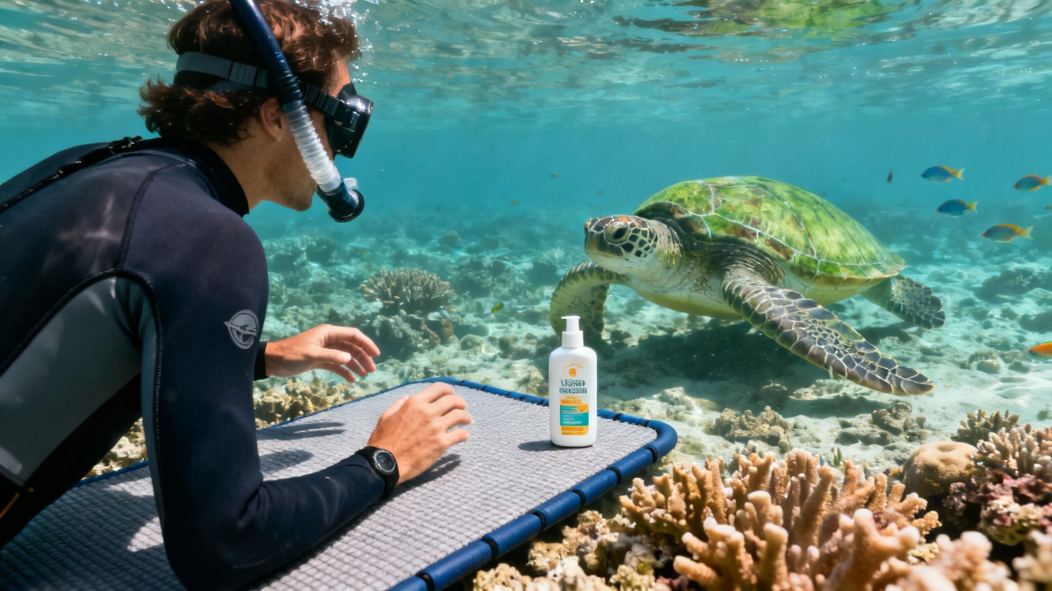A snorkeler observes a green sea turtle and coral reef, with a sunscreen bottle on a floating board.