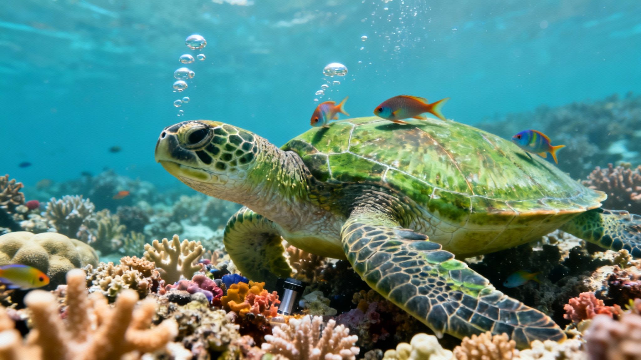 A majestic green sea turtle glides over a vibrant coral reef, surrounded by colorful fish and rising bubbles.