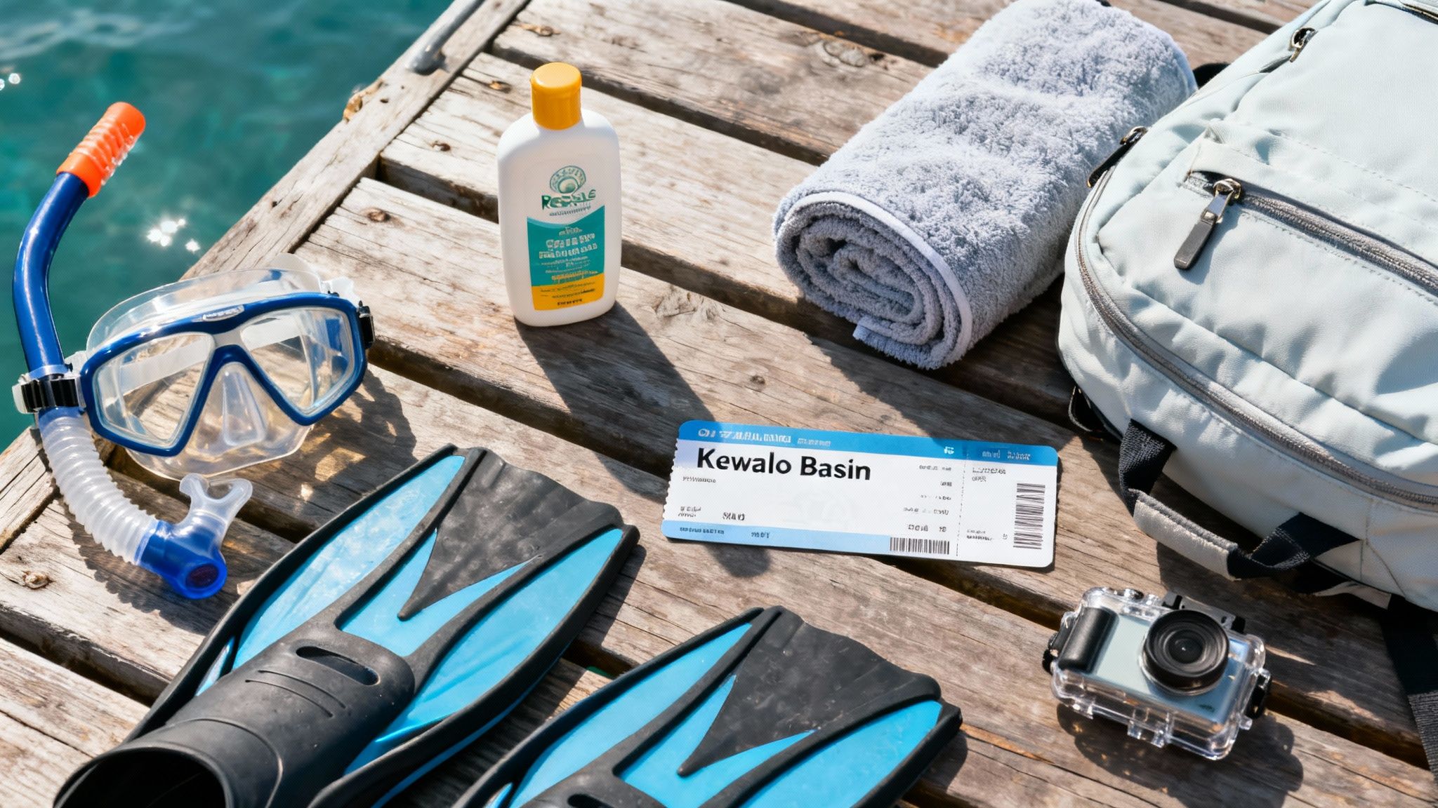 Snorkeling gear, sunscreen, a towel, backpack, and ticket on a wooden dock near clear blue water.
