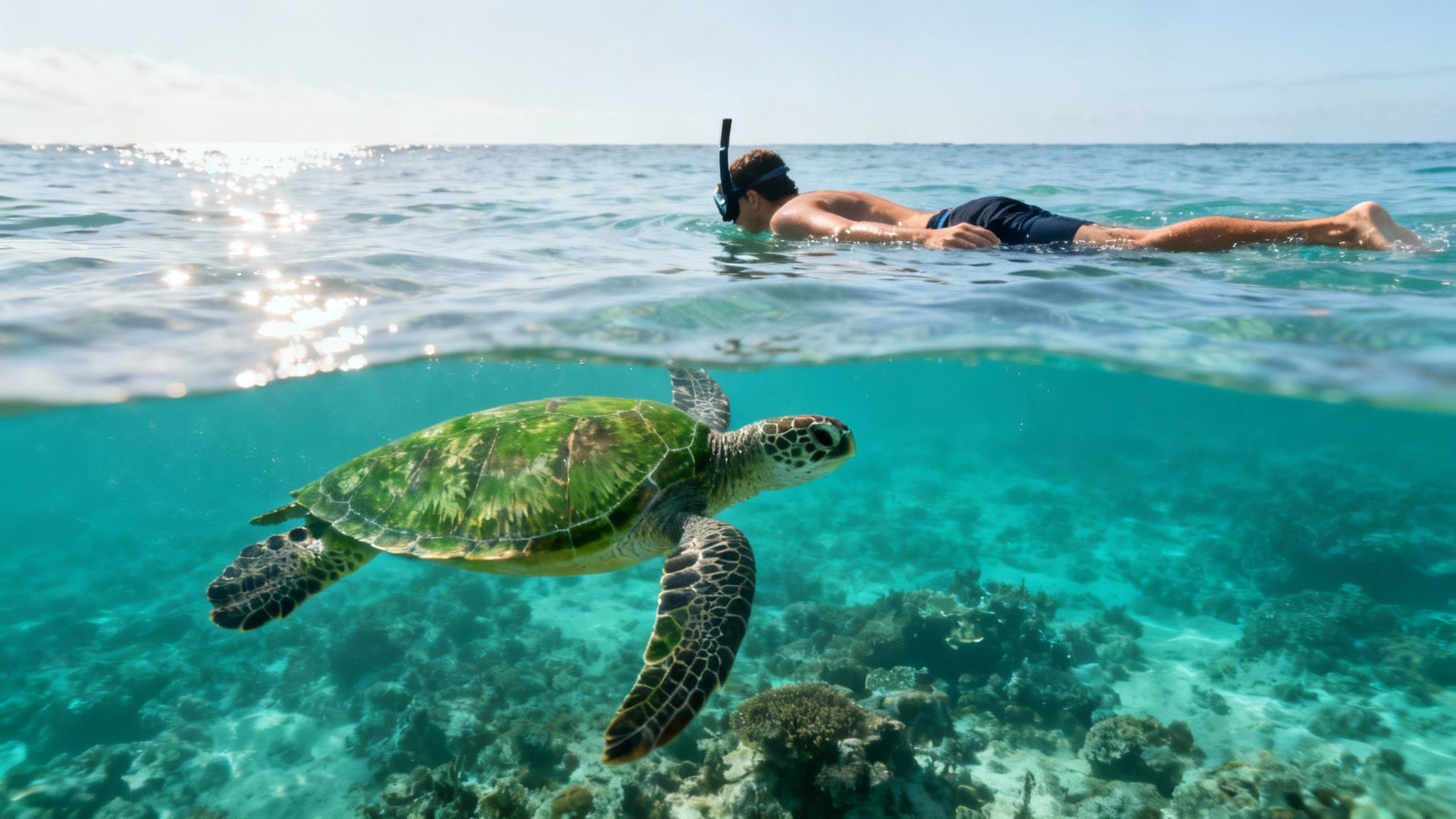 A man snorkeling above a beautiful green sea turtle swimming over a vibrant coral reef.