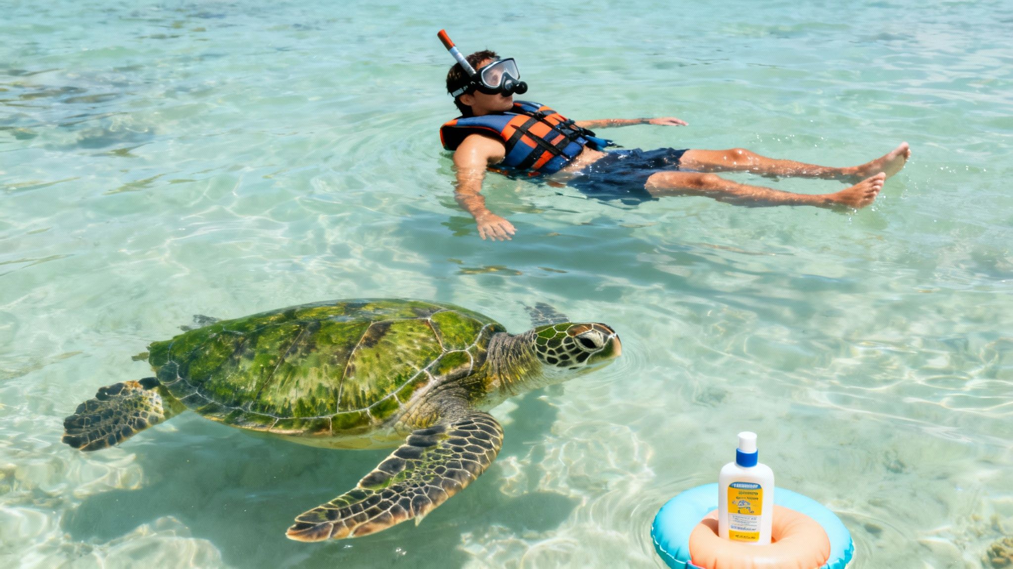 A person in snorkeling gear and life vest floats in clear water next to a swimming sea turtle, with sunscreen nearby.