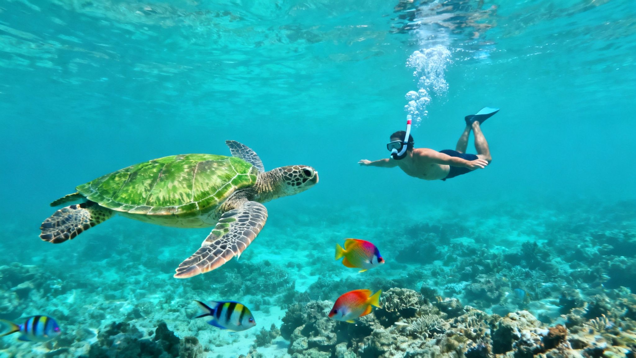 A man snorkeling in clear blue water, swimming near a large sea turtle and colorful fish over a vibrant coral reef.