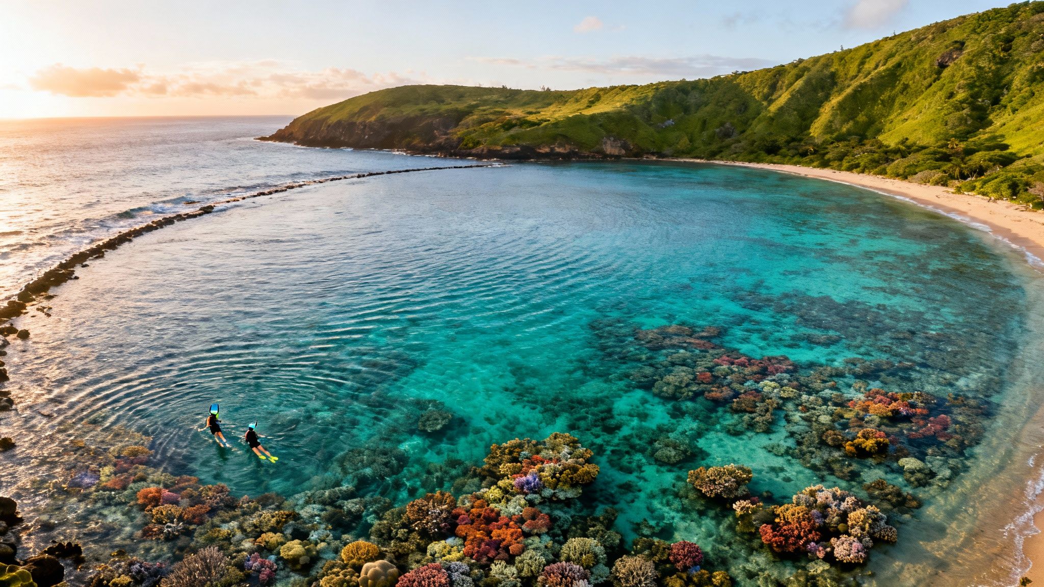 Two snorkelers explore a vibrant coral reef in a clear turquoise bay near a sandy beach and green hills.