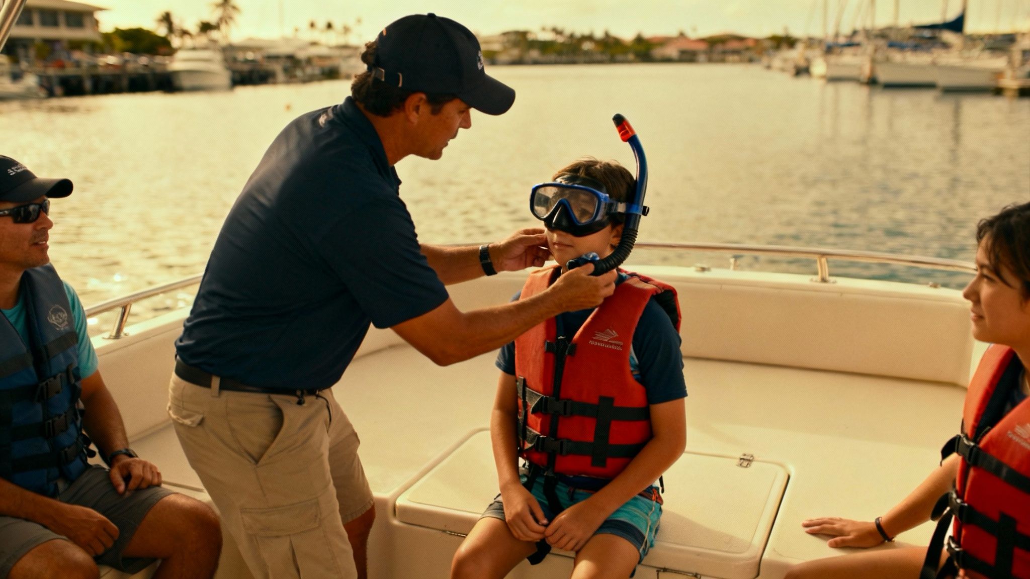 An instructor helps a young boy put on snorkeling gear and a life vest on a sunny boat tour.