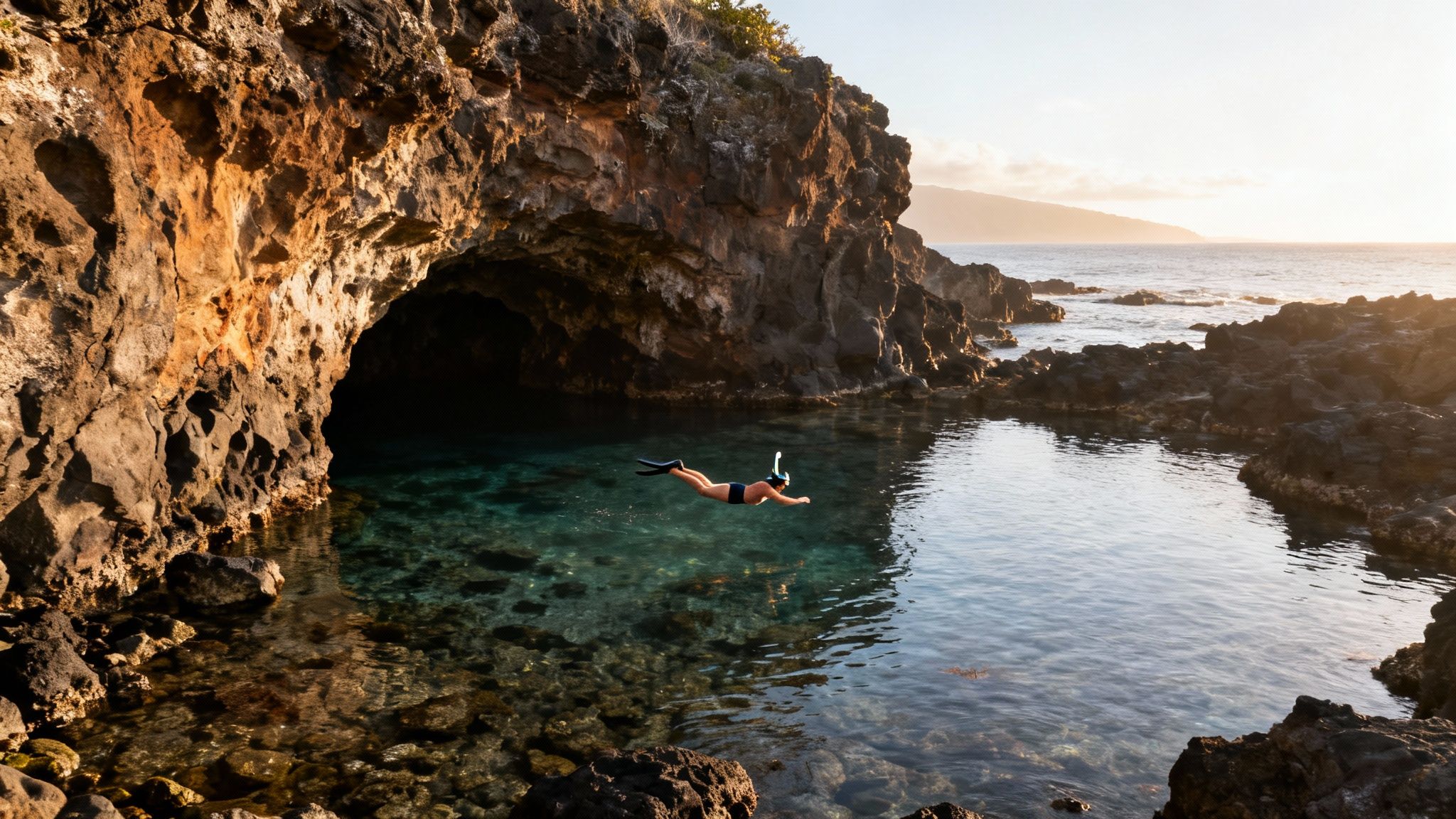 A person snorkeling in crystal-clear water near a rocky sea cave and sunlit coastline.
