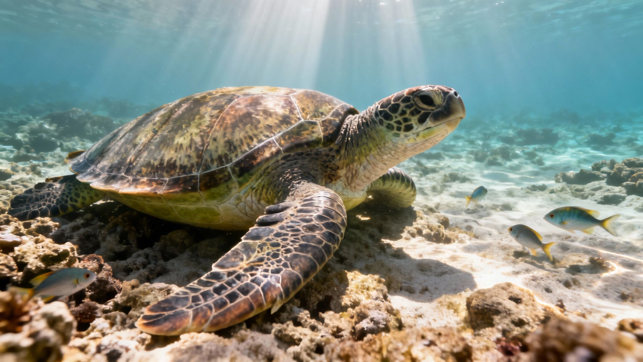 A majestic green sea turtle rests on the sandy ocean floor, surrounded by small fish and sun rays.