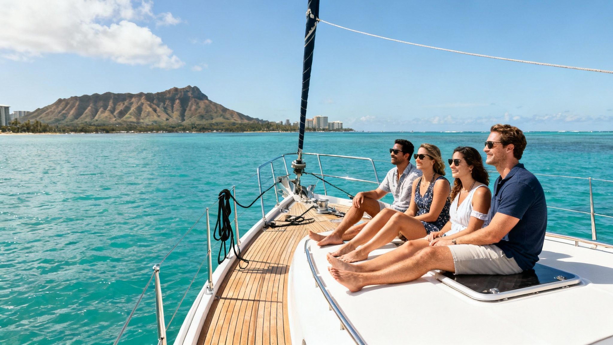 Four friends enjoy a sunny day sailing on a boat with Diamond Head and Waikiki in the background.