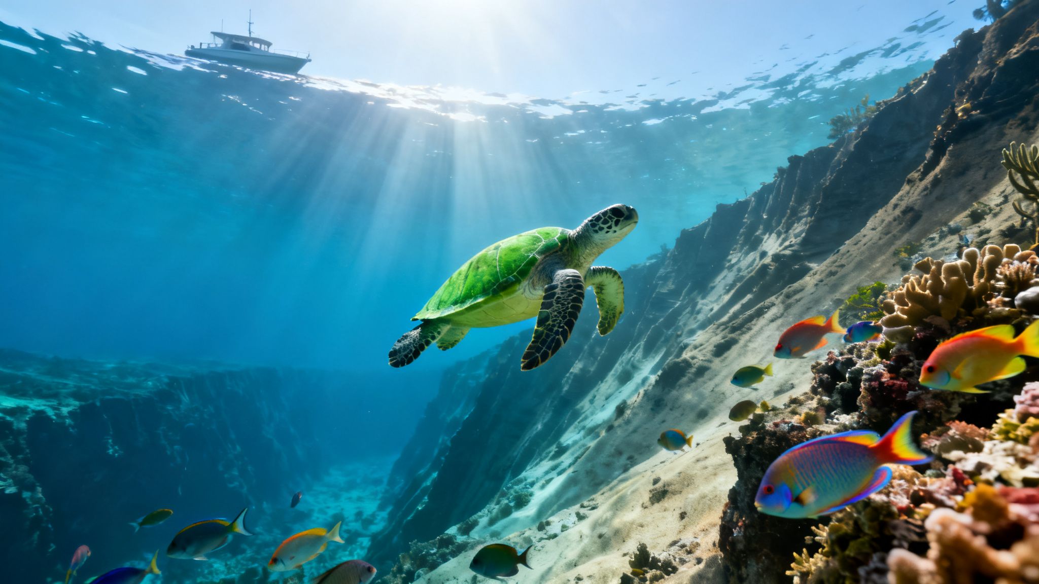 A sea turtle swims gracefully underwater with sun rays, colorful fish, and a boat above.
