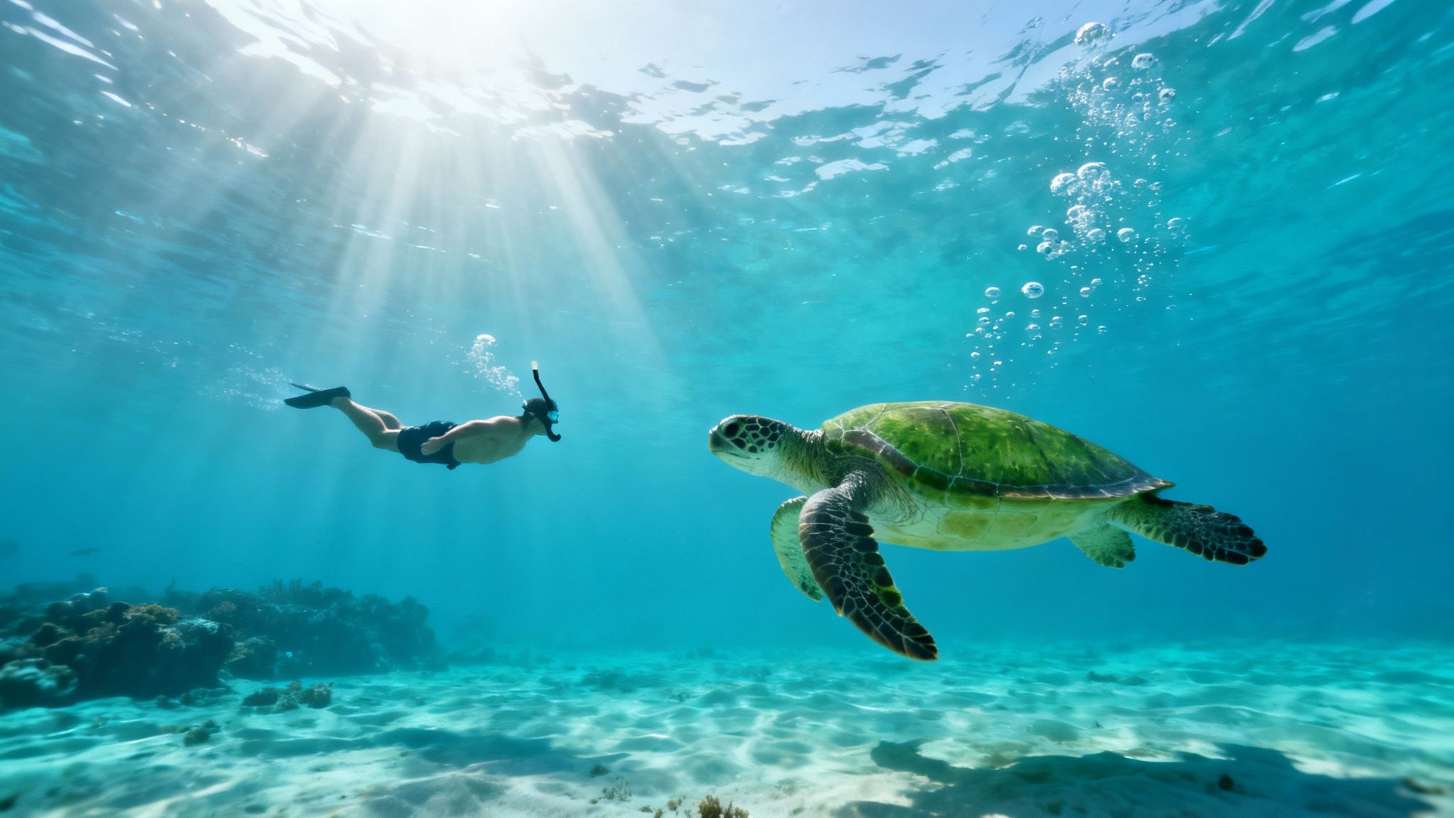 A person snorkeling underwater observes a majestic green sea turtle in clear blue water.