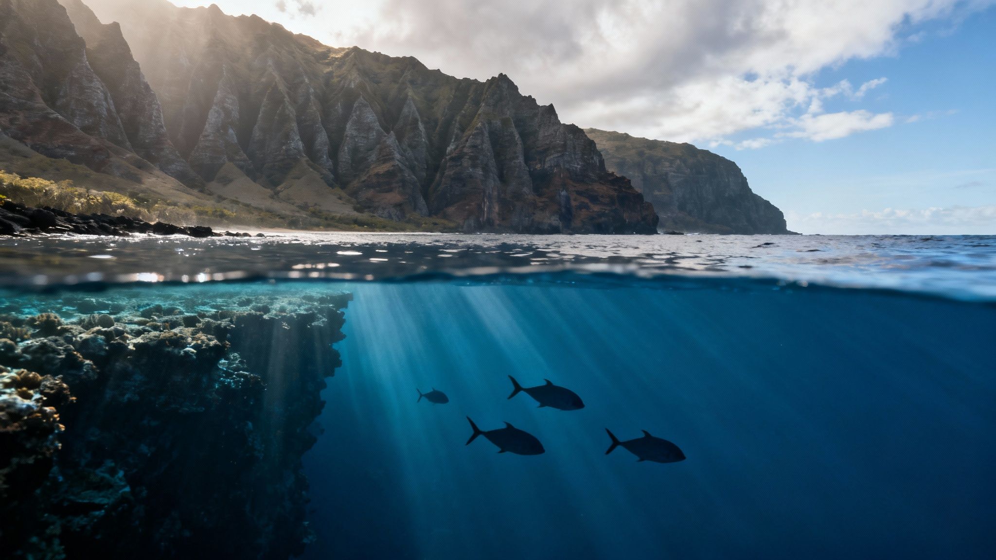 Stunning over-under ocean shot revealing dramatic cliffs, vibrant coral reef, and swimming fish.