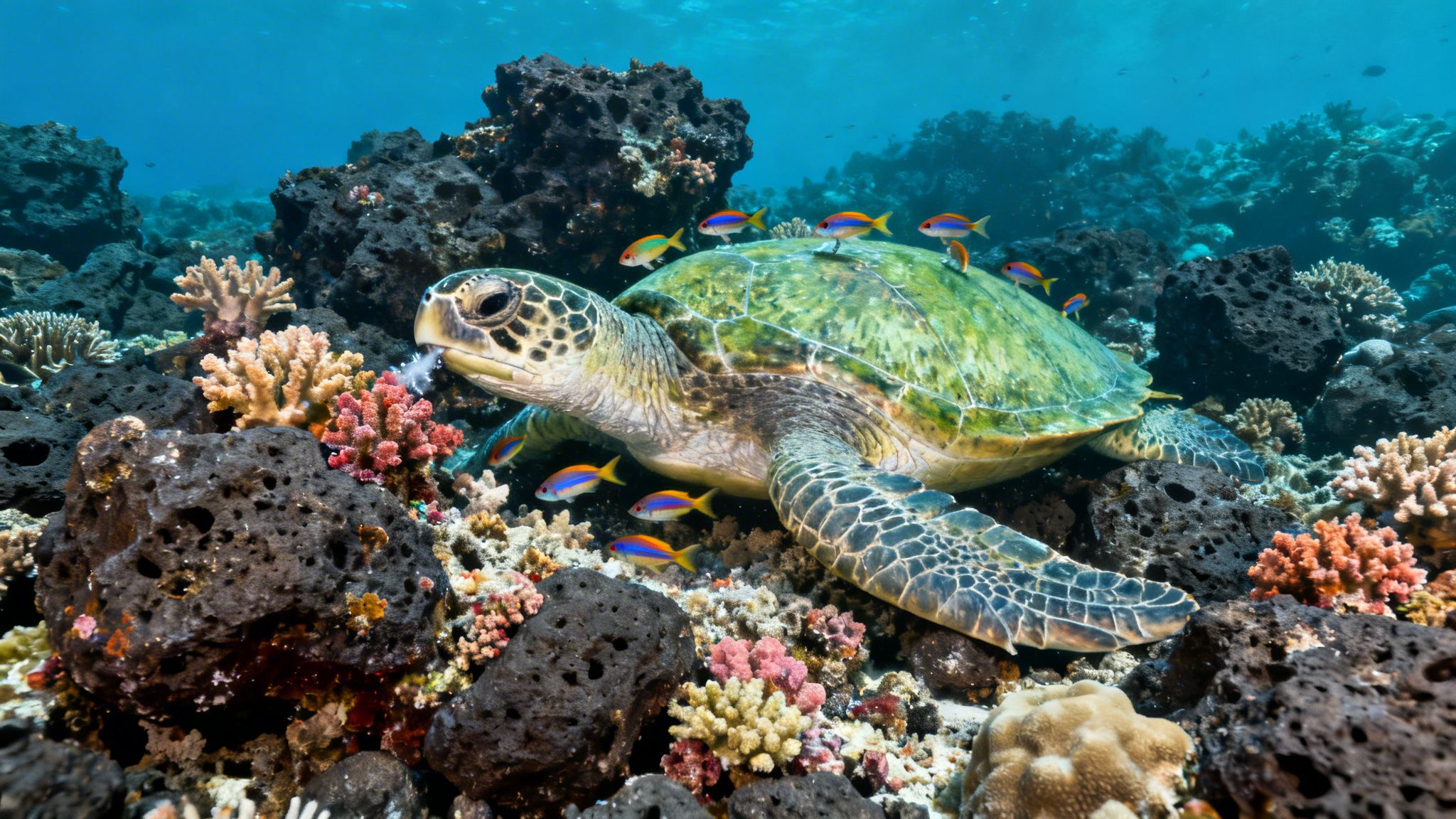 Underwater scene with a large sea turtle among beautiful corals and small tropical fish.