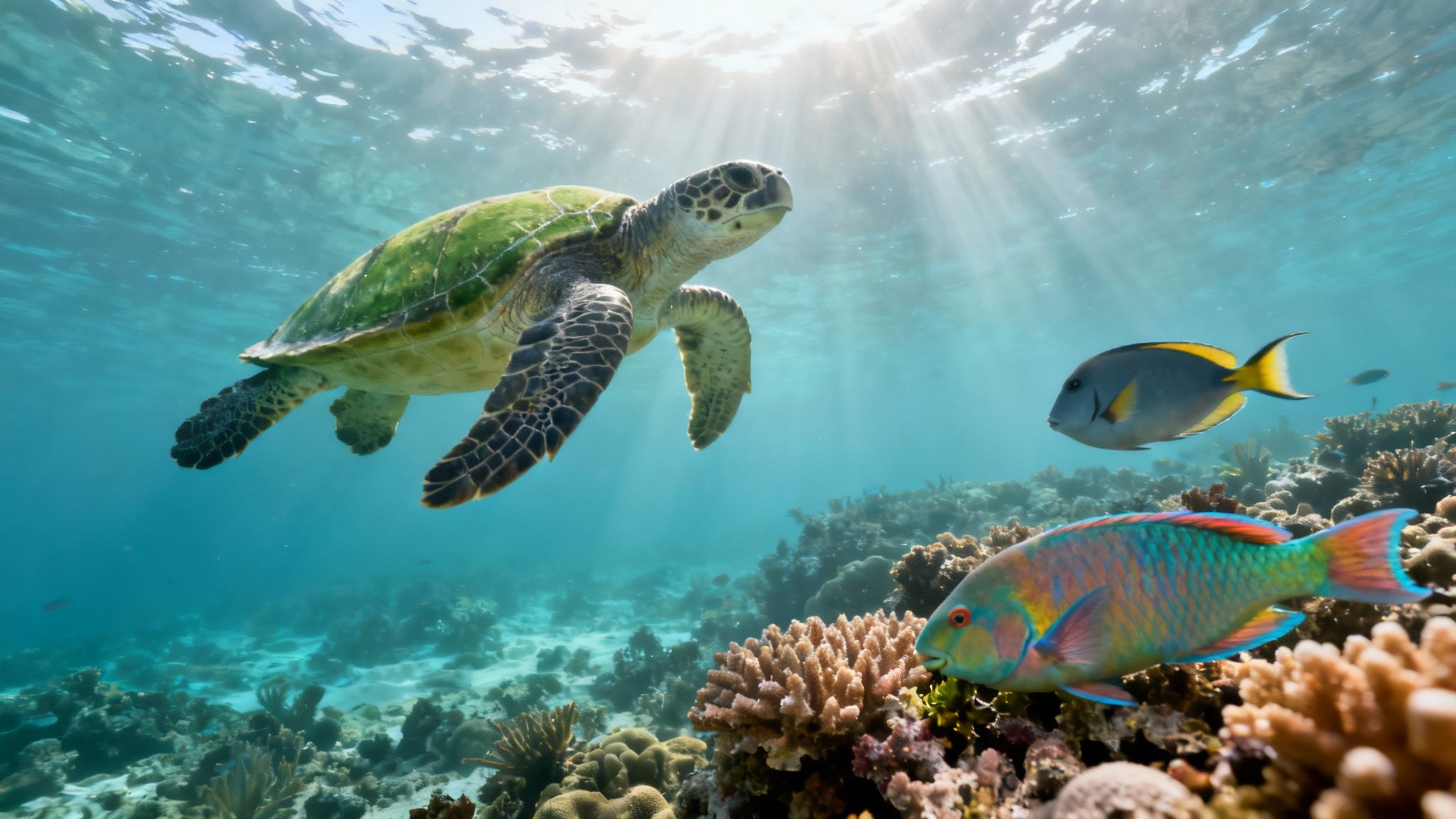 A green sea turtle swims gracefully above a vibrant coral reef with two colorful tropical fish.