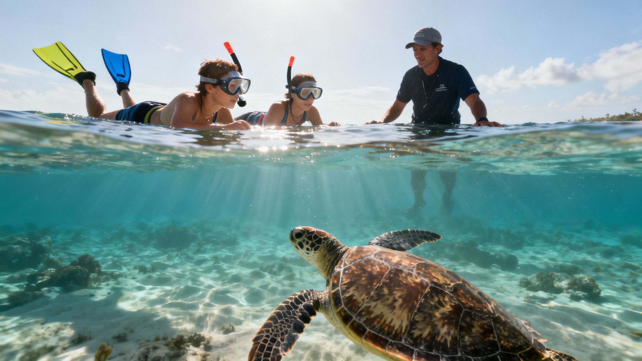 Two people snorkeling with a guide, observing a sea turtle in clear blue ocean water.