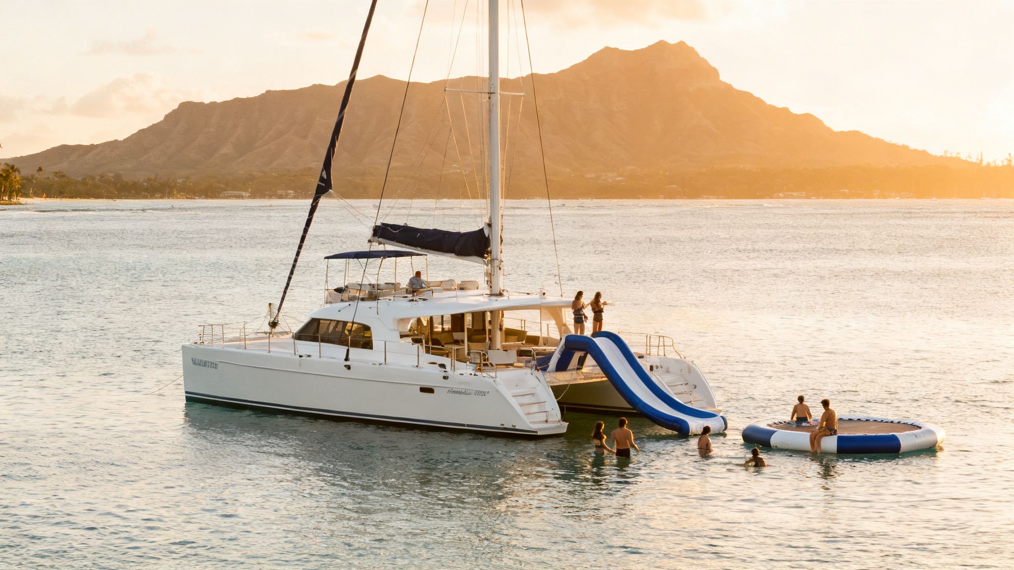 People enjoy a catamaran with a water slide and inflatable trampoline at sunset in Waikiki, with Diamond Head in the background.