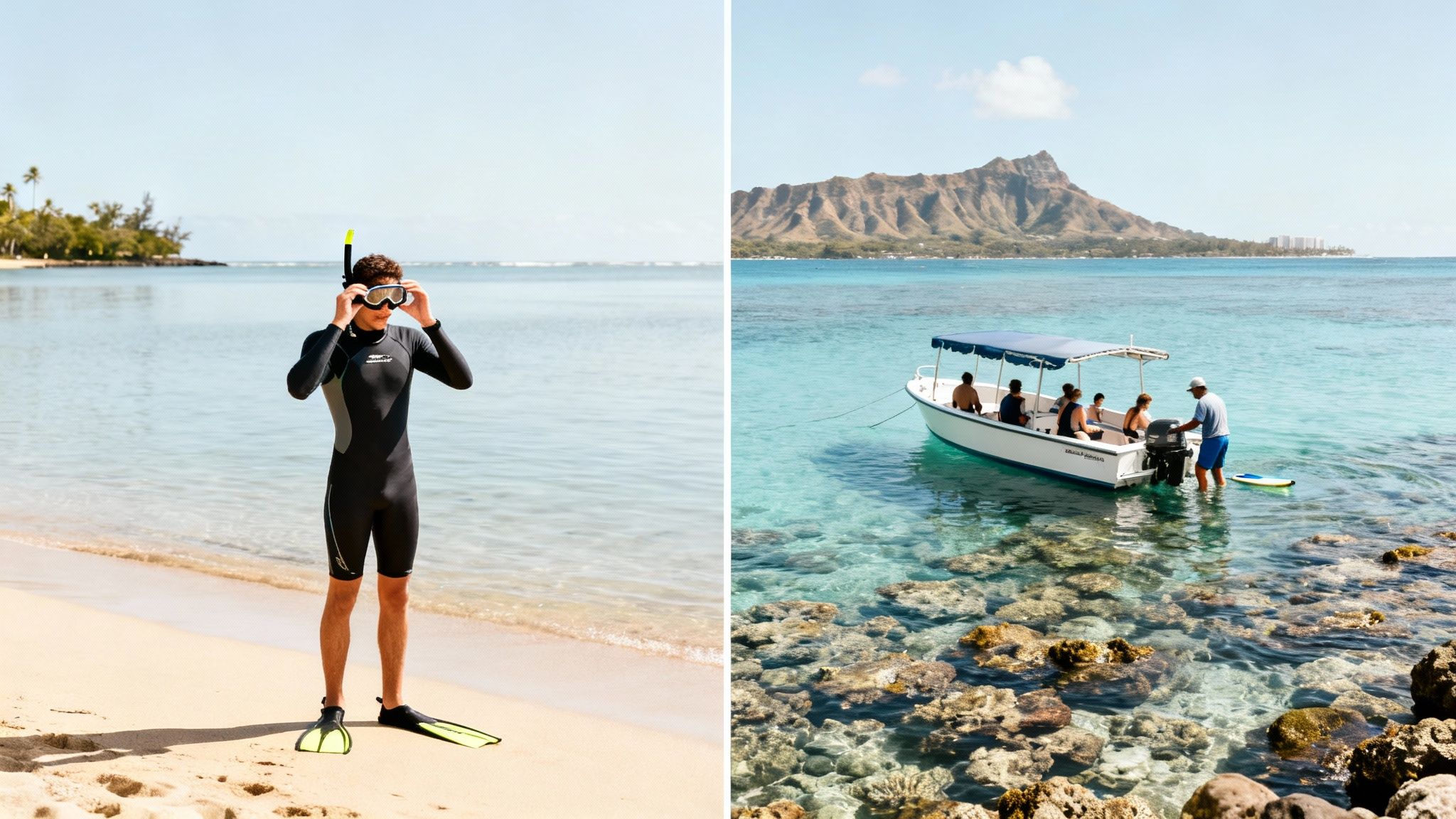 A person prepares to snorkel on a sunny beach, while a boat with people explores a coral reef.
