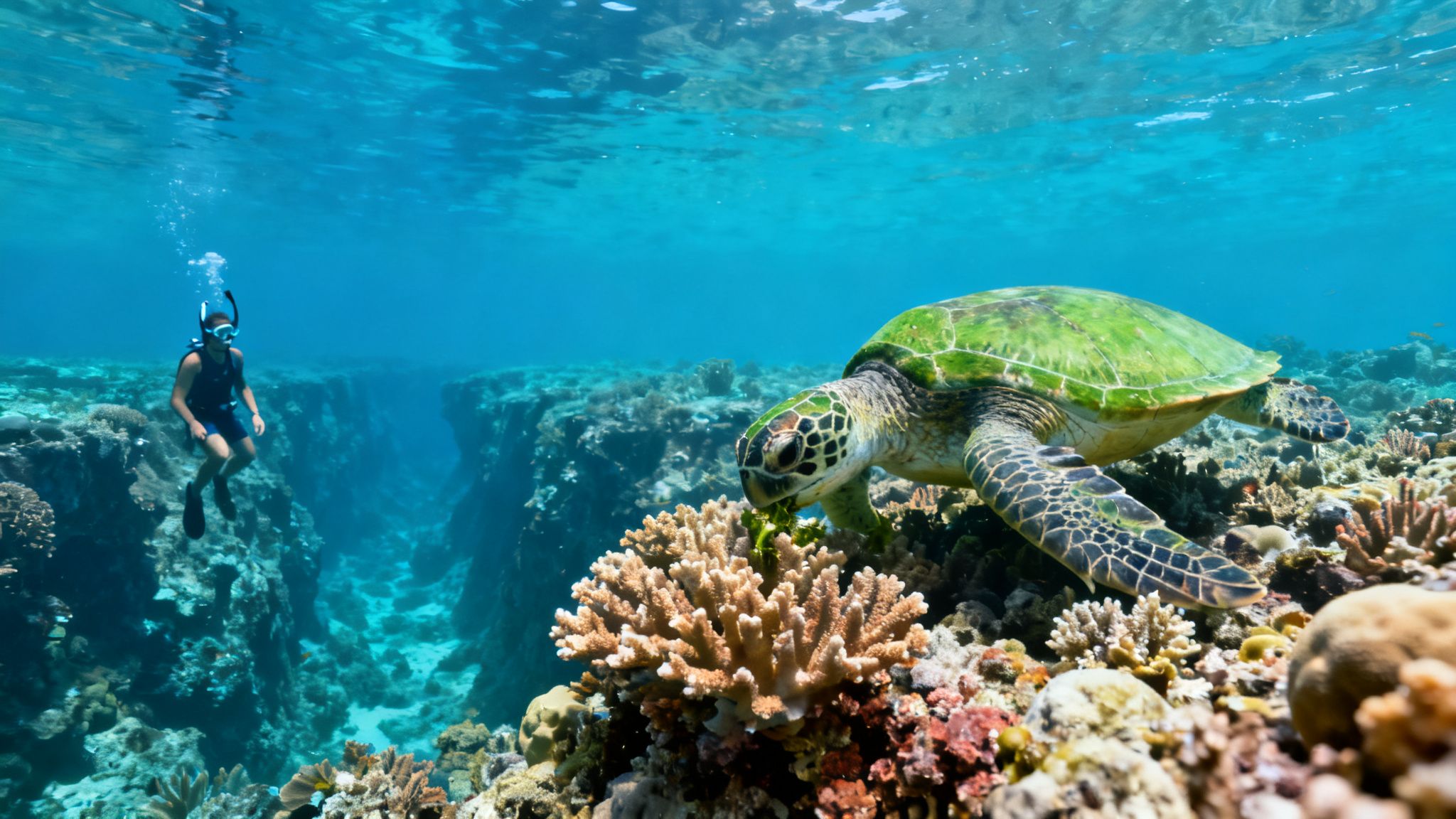 A snorkeler observes a green sea turtle feeding on plants in a vibrant coral reef.