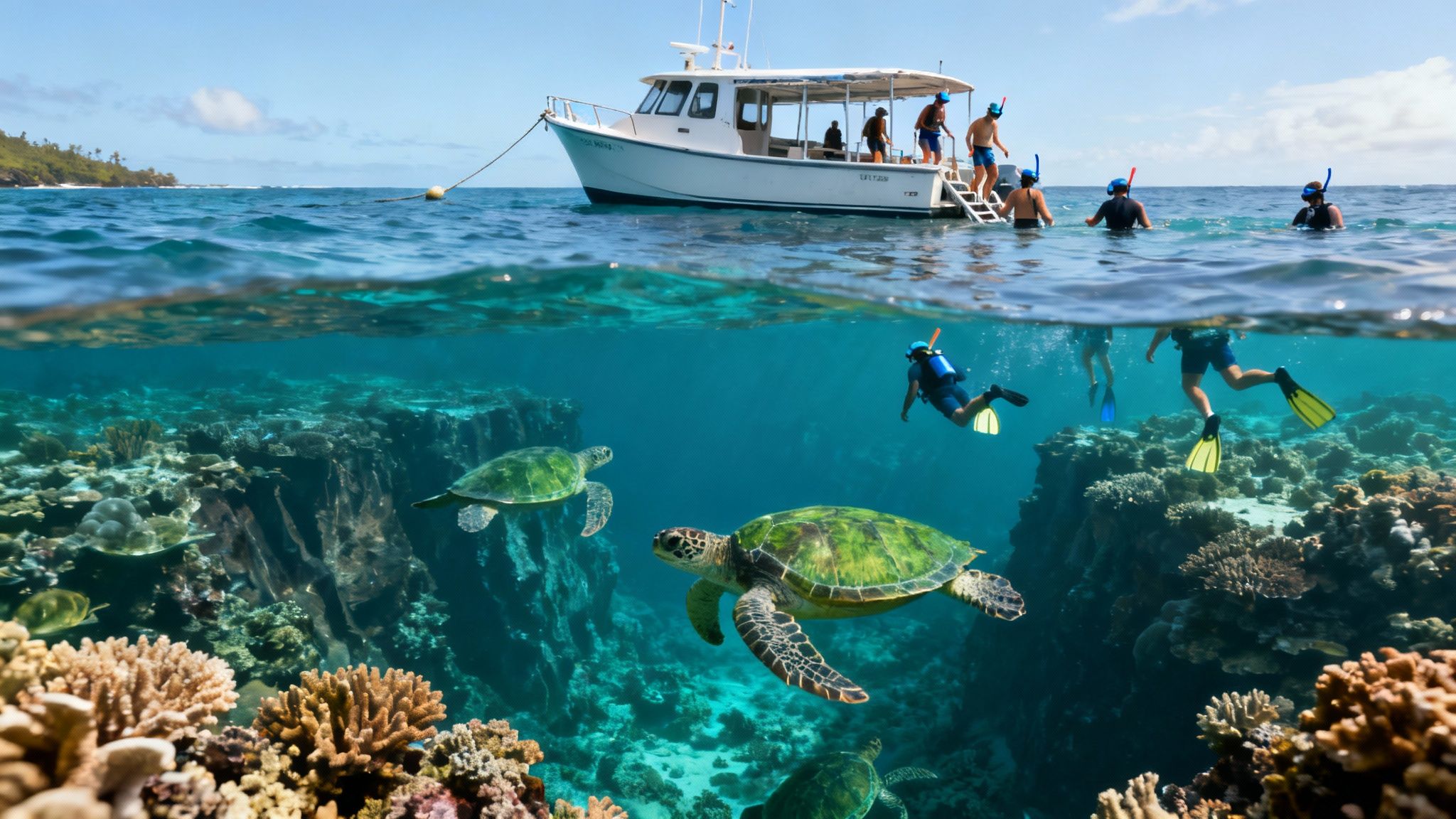 Split-level view of a boat with snorkelers, showing divers, vibrant coral reefs, and multiple sea turtles.