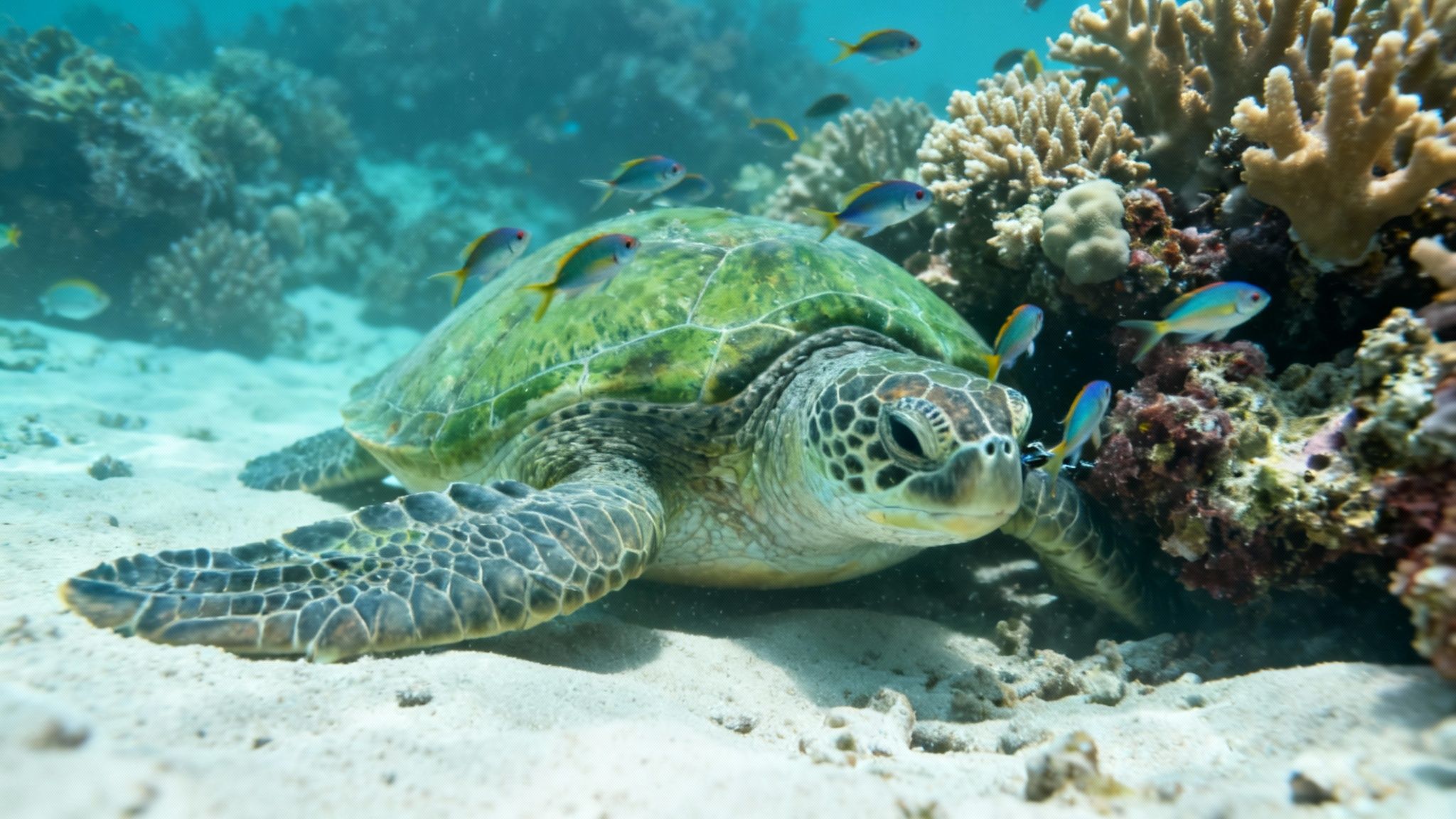 An underwater shot of a majestic green sea turtle surrounded by vibrant fish and coral.