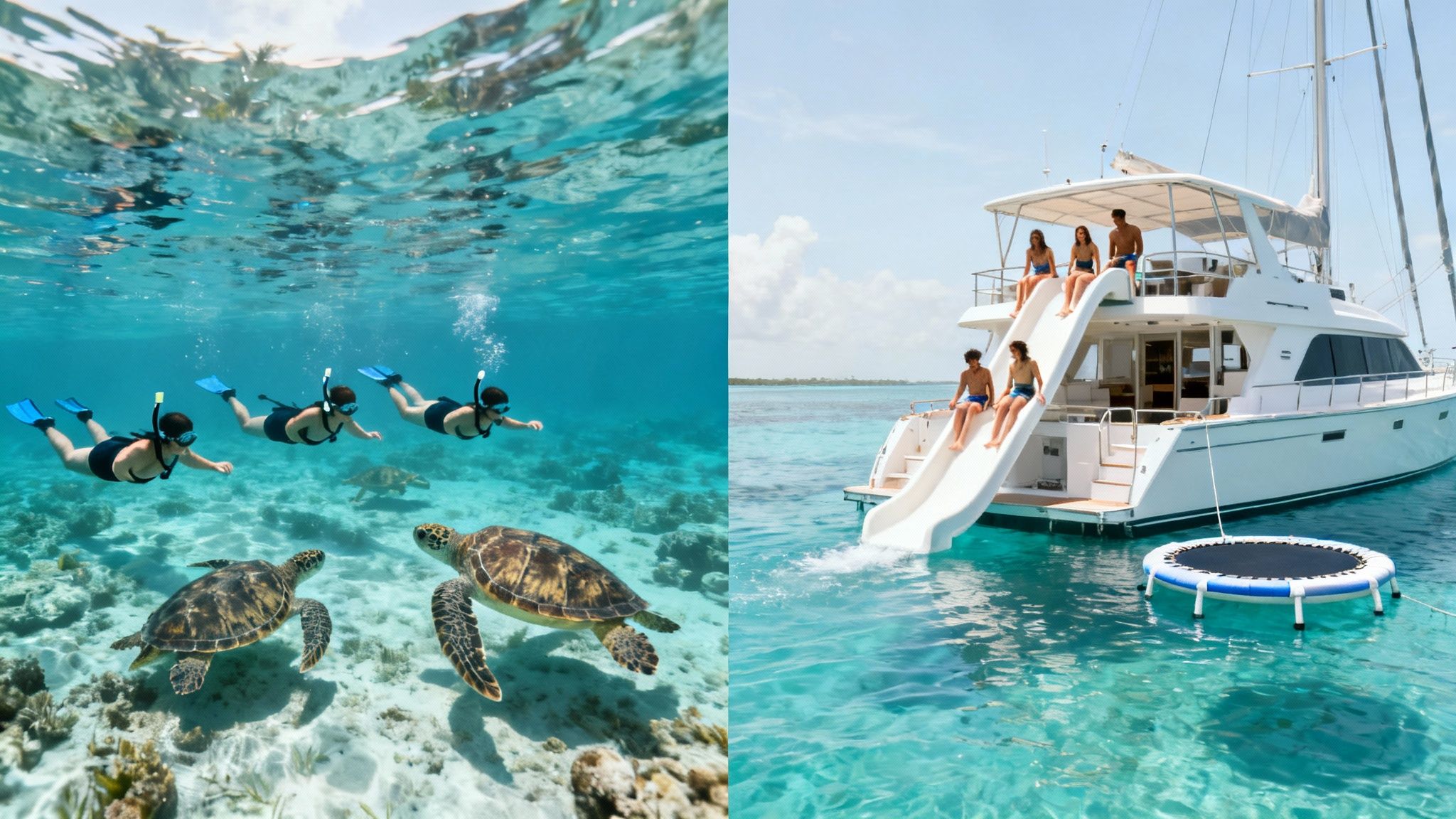 People snorkeling with sea turtles in clear ocean, alongside a yacht with a water slide and trampoline.