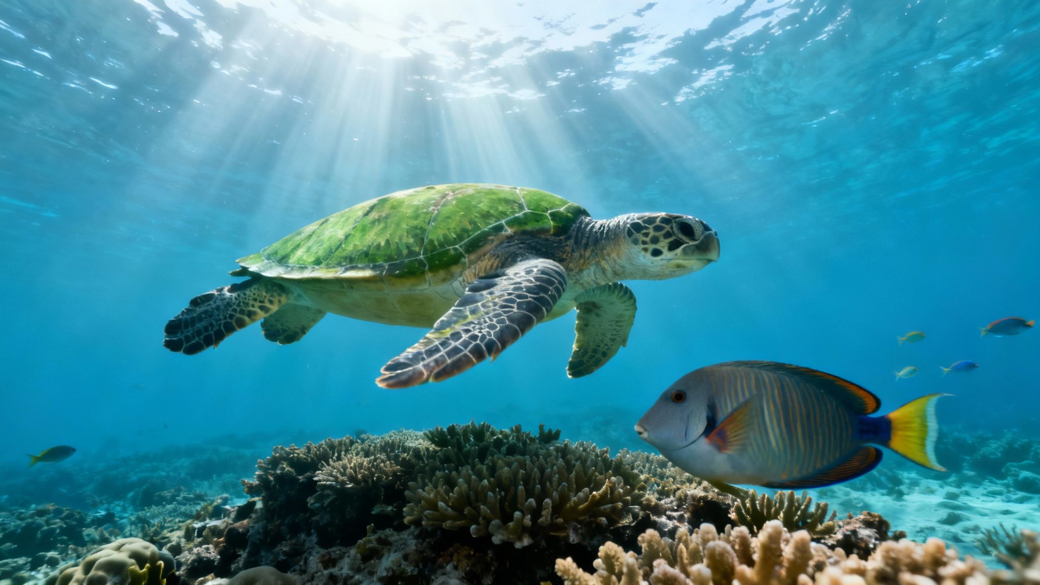 A majestic green sea turtle swims over a vibrant coral reef with a colorful fish, bathed in sunrays.